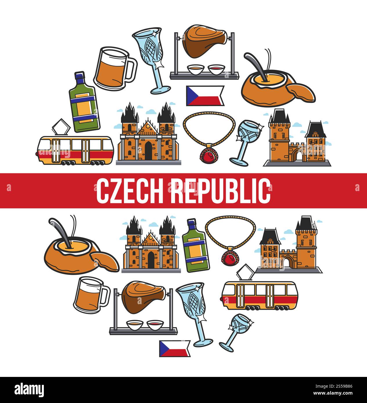 Affiche de la République tchèque des monuments de voyage célèbres et des symboles d'attraction de la culture traditionnelle. Vecteur drapeau de la République tchèque, nourriture et boisson, tram ou château de Prague et verre de cristal de Bohême. Affiche vectorielle des monuments célèbres de République tchèque Illustration de Vecteur