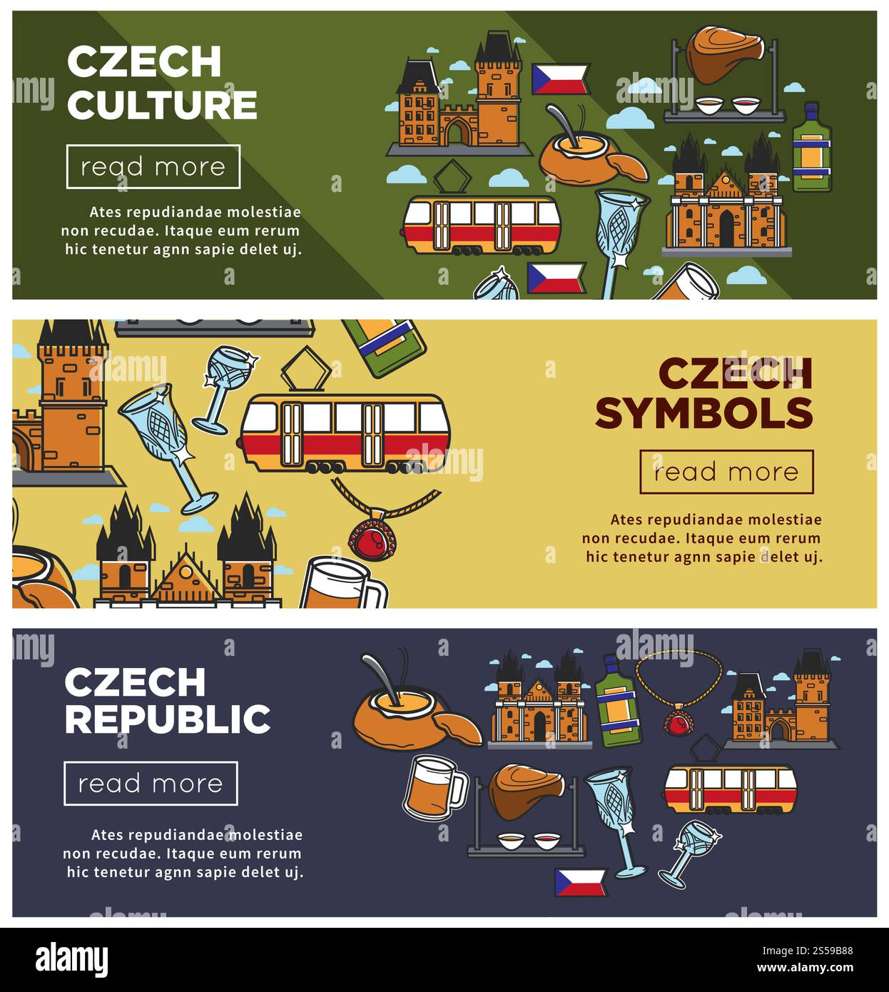 République tchèque culture et symboles Internet bannières. Architecture européenne, transport local et cuisine traditionnelle dessins animés plats vectoriels sur les pages en ligne avec des modèles de boutons.. République tchèque culture et symboles Internet bannières Illustration de Vecteur