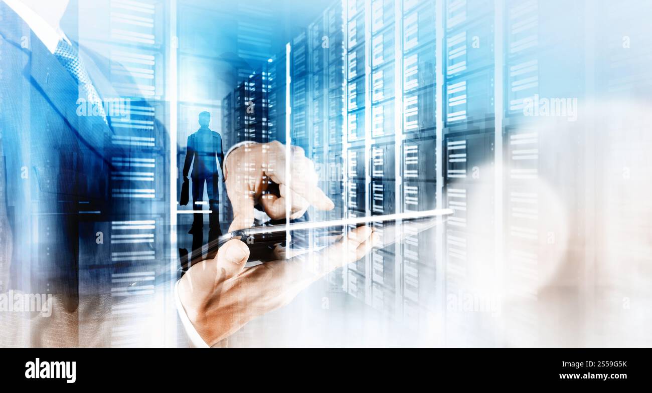 Double exposition de businessman montre la technologie moderne comme concept Banque D'Images