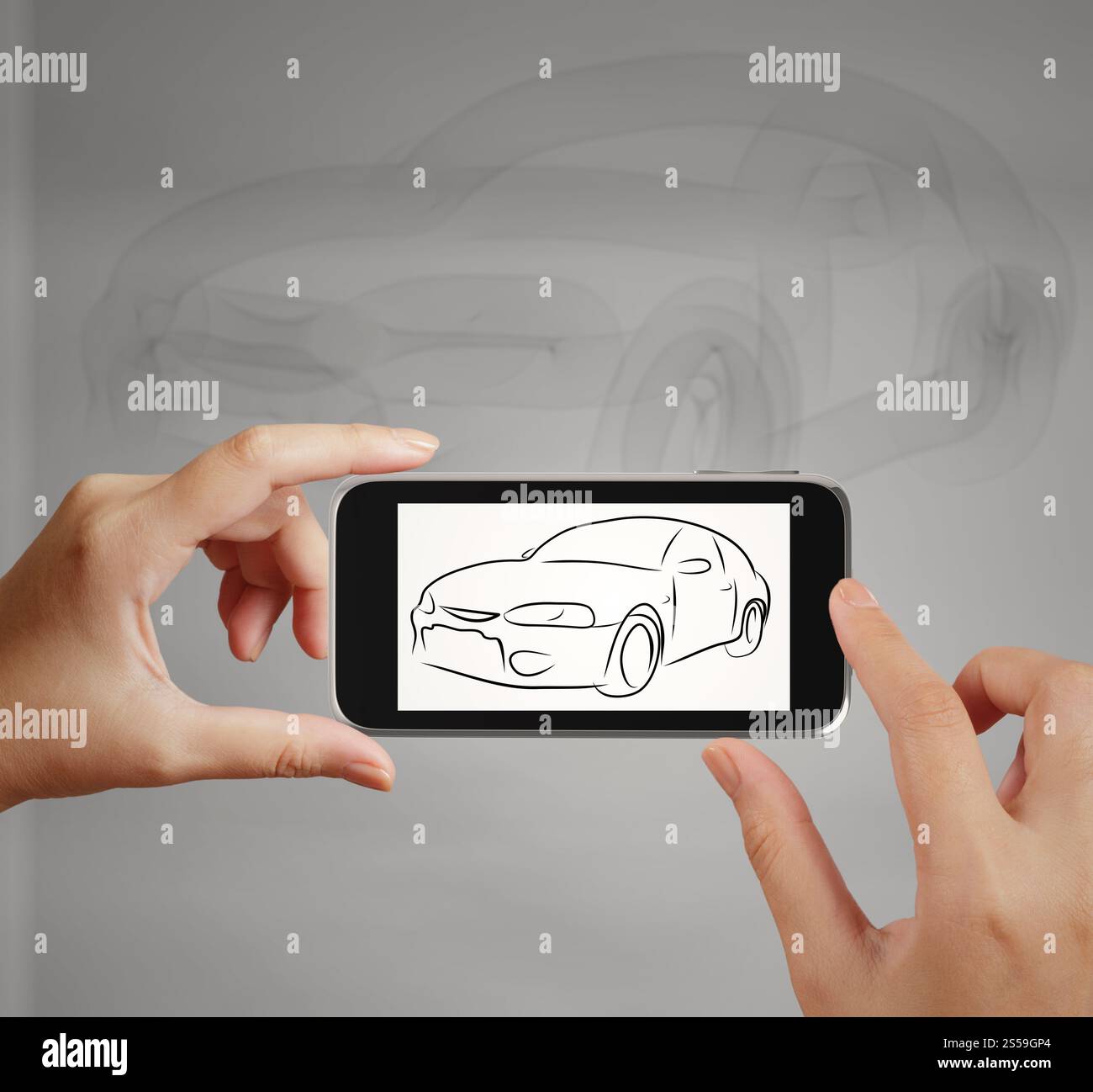 La main à l'aide d'un écran tactile smart phone prendre photo de icône de voiture comme concept Banque D'Images