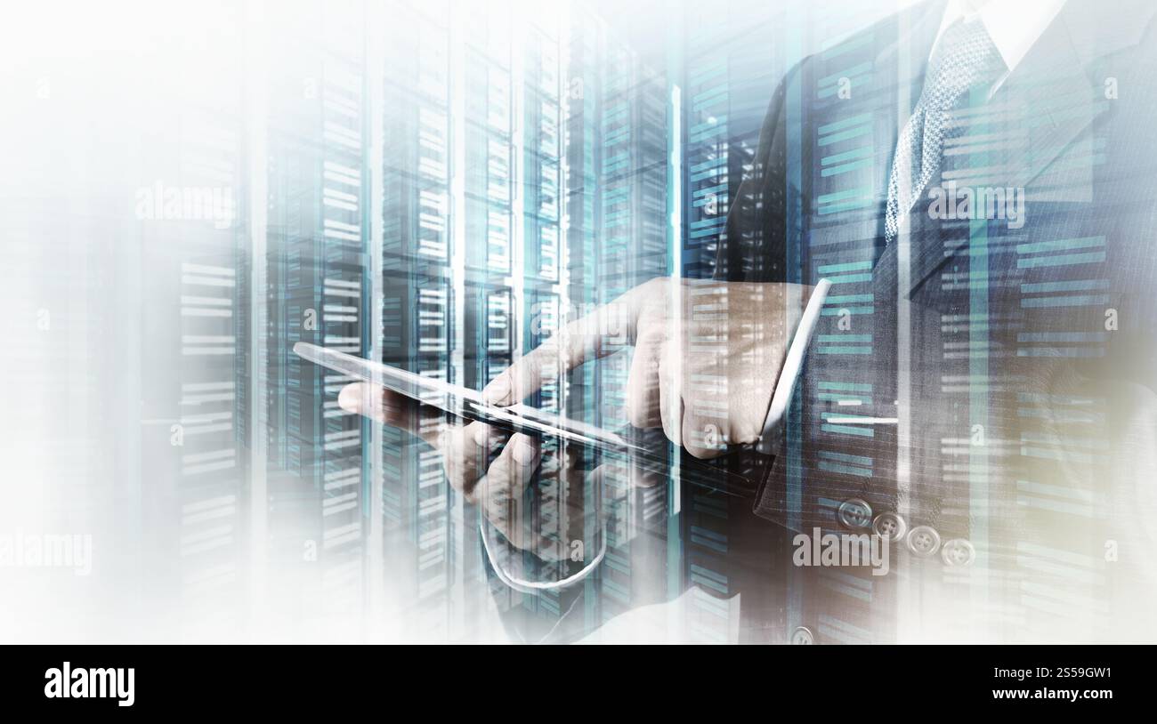 Double exposition de businessman montre la technologie moderne comme concept Banque D'Images