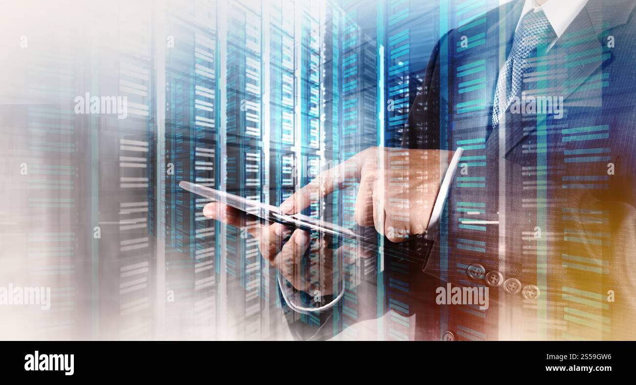 Double exposition de businessman montre la technologie moderne comme concept Banque D'Images