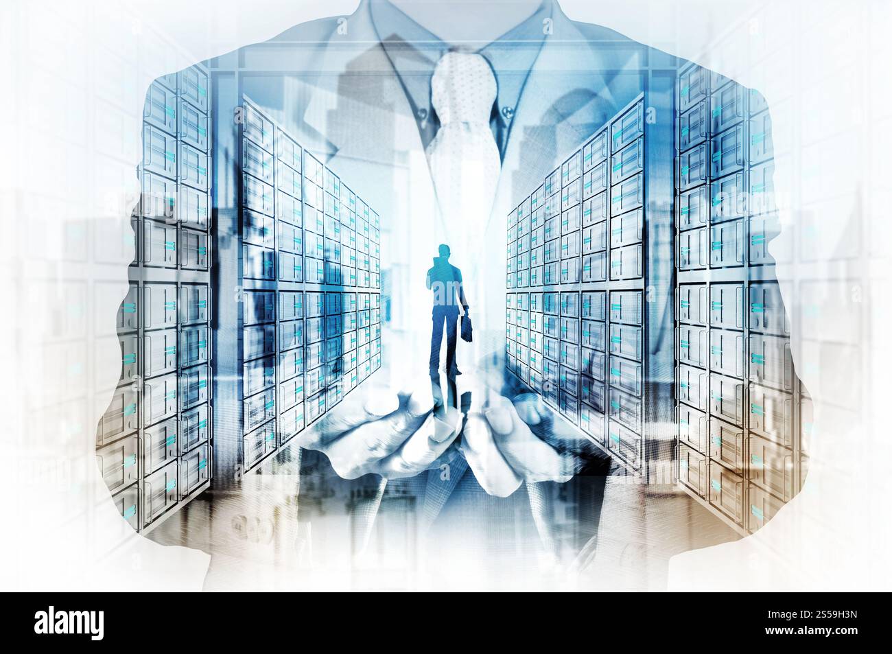 Double exposition de businessman part montrant sur le serveur en tant que leader historique concept Banque D'Images