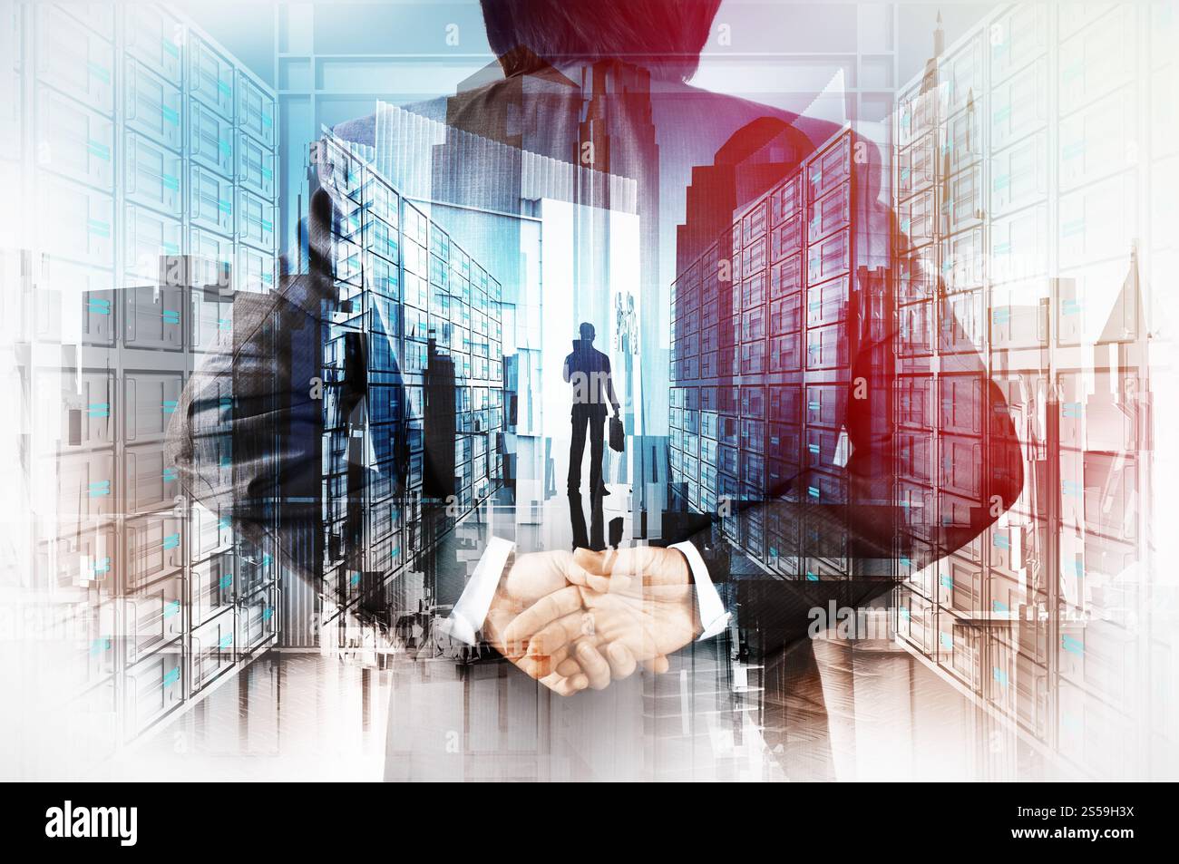 Double exposition de businessman part montrant sur le serveur en tant que leader historique concept Banque D'Images