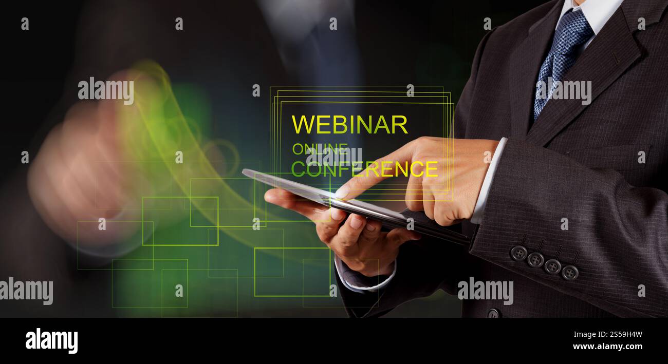 Businessman hand afficher en ligne webinaire conférence en tant que concept Banque D'Images