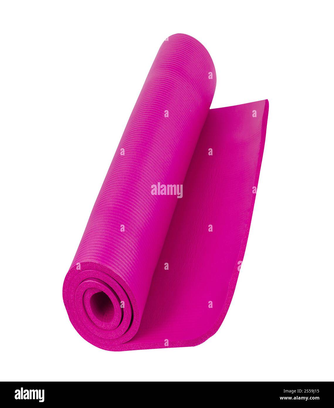 Tapis de yoga couleur rose isolé sur blanc Banque D'Images