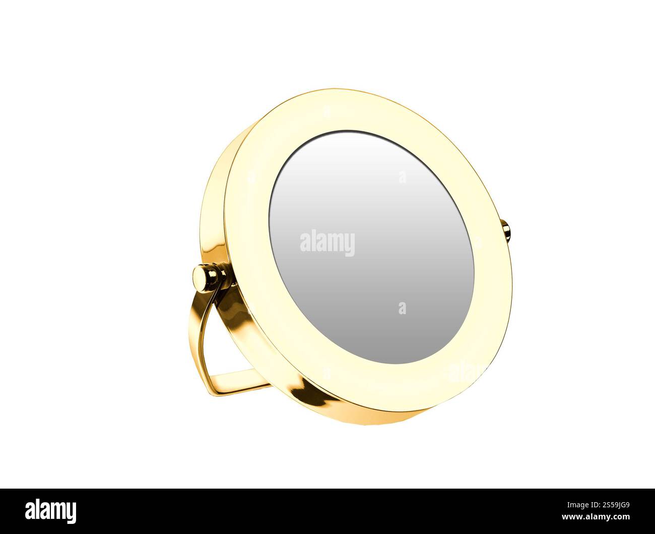 Miroir cosmétique doré isolé sur fond blanc. Miroir cosmétique doré Banque D'Images