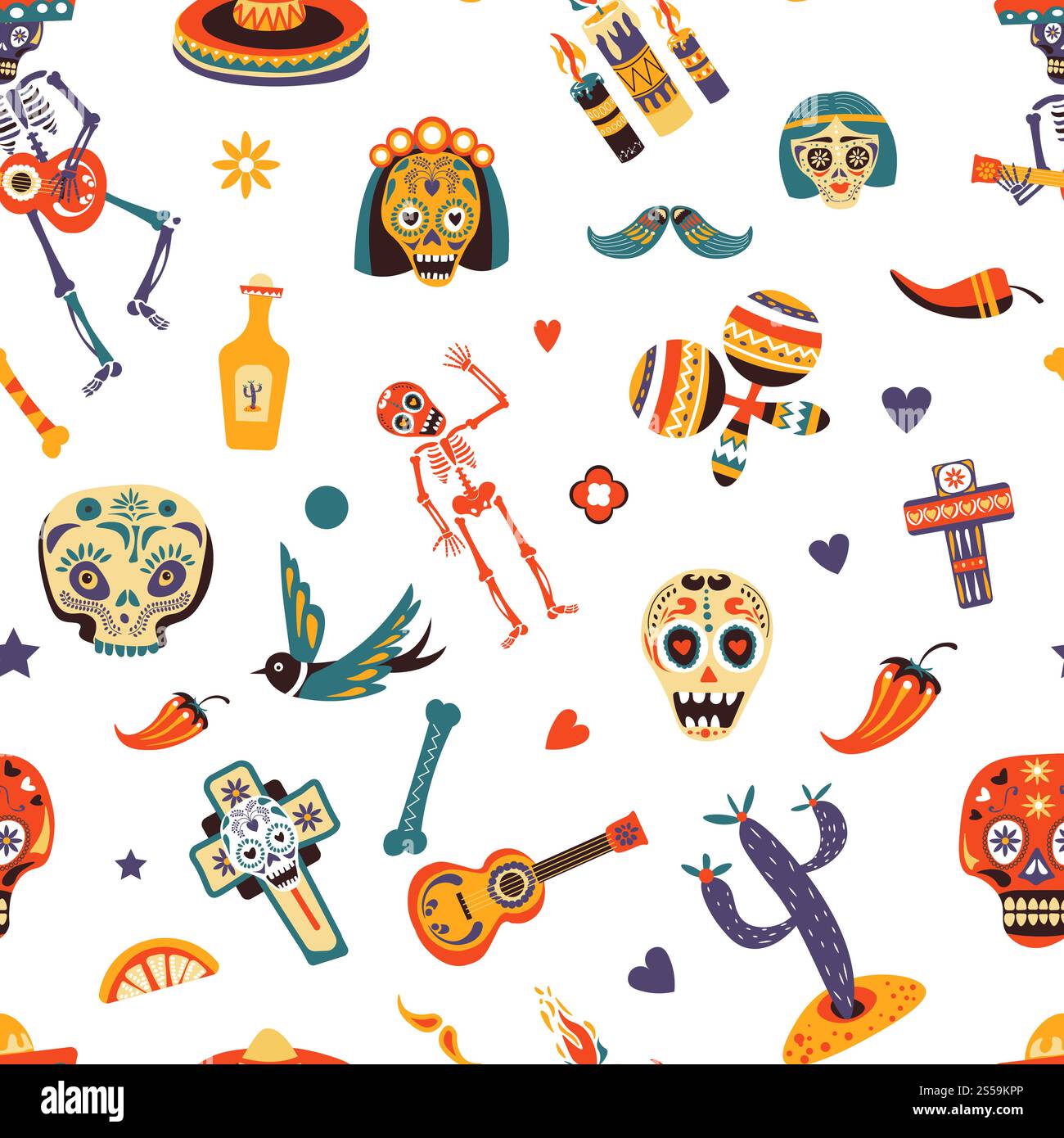 Mexique éléments traditionnels, symboles mexicains et signes sans couture sur blanc. Muertos crânes et squelette jouant à la guitare, cactus et croix, piment et tranche de citron, maracas sombrero. Mexique éléments traditionnels, symboles mexicains et signes sans couture Illustration de Vecteur
