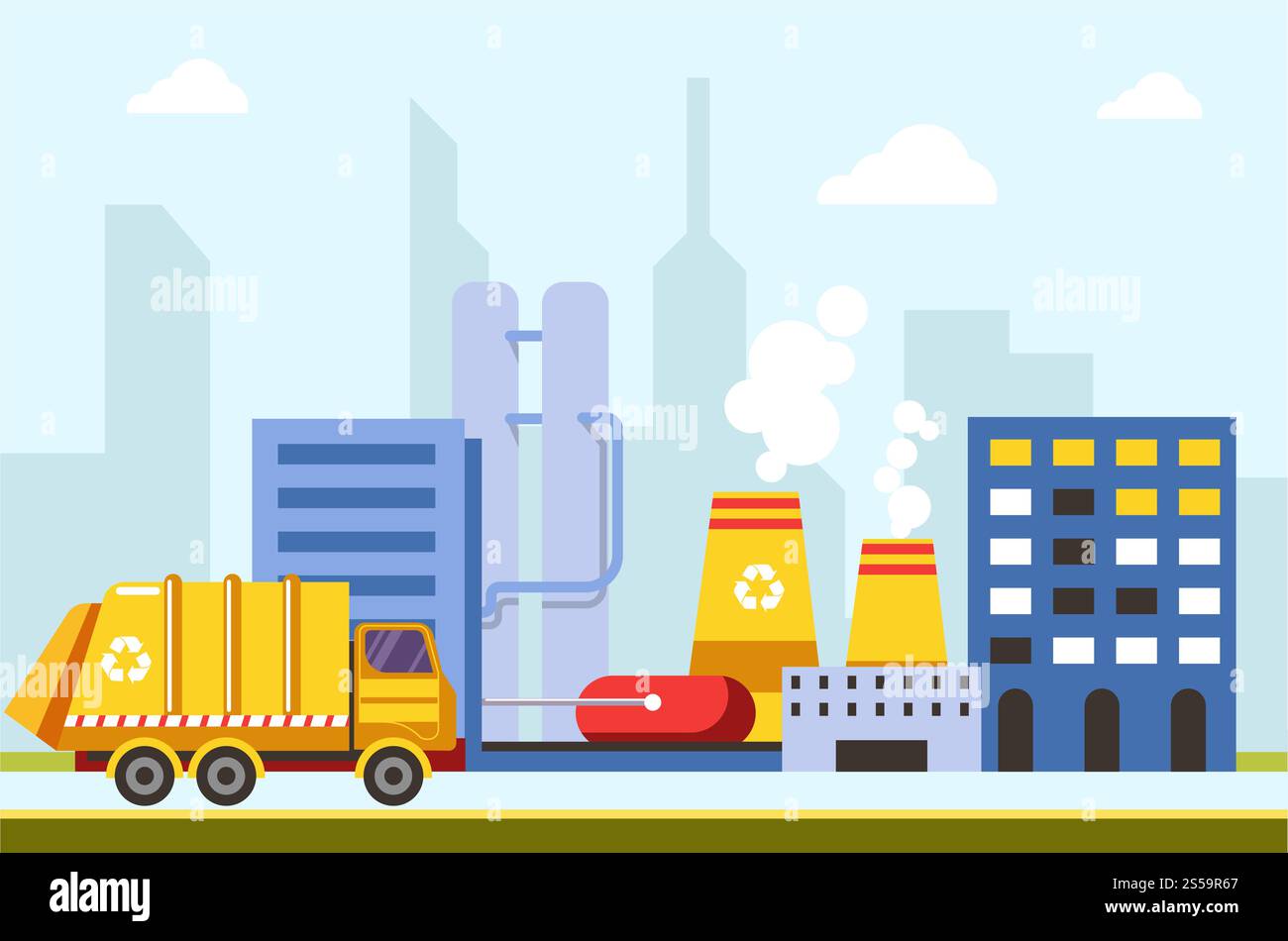 Les bâtiments d'infrastructure de ville et les usines vecteur de voiture. Camion fourgon transportant des ordures pour le processus de recyclage dans un lieu industriel. Émissions de gaz des constructions urbaines épargnant problème écologique. Les bâtiments d'infrastructure de ville et les usines vecteur de voiture Illustration de Vecteur