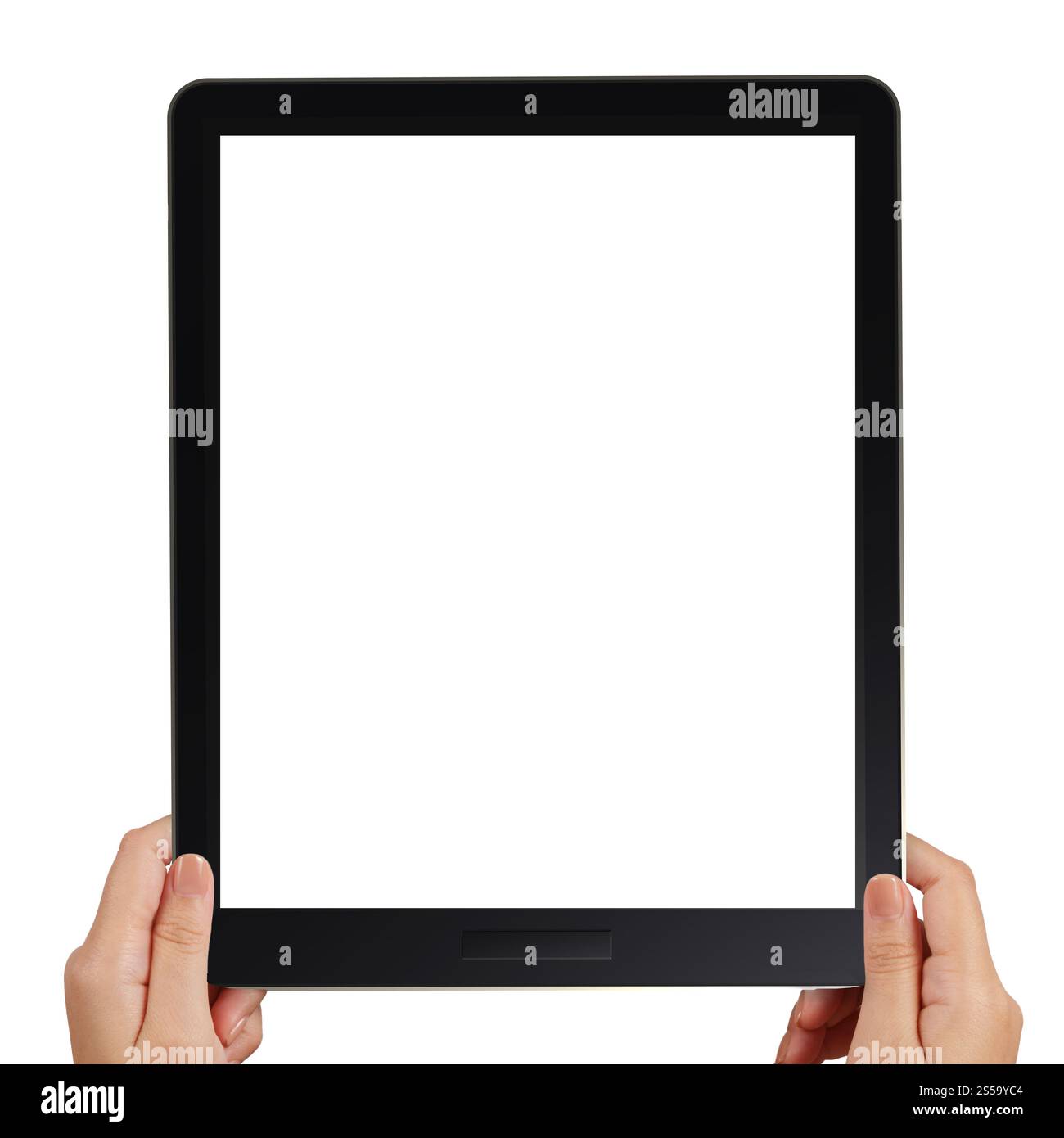 Female hands holding a tablet ordinateur tactile gadget sur fond blanc Banque D'Images