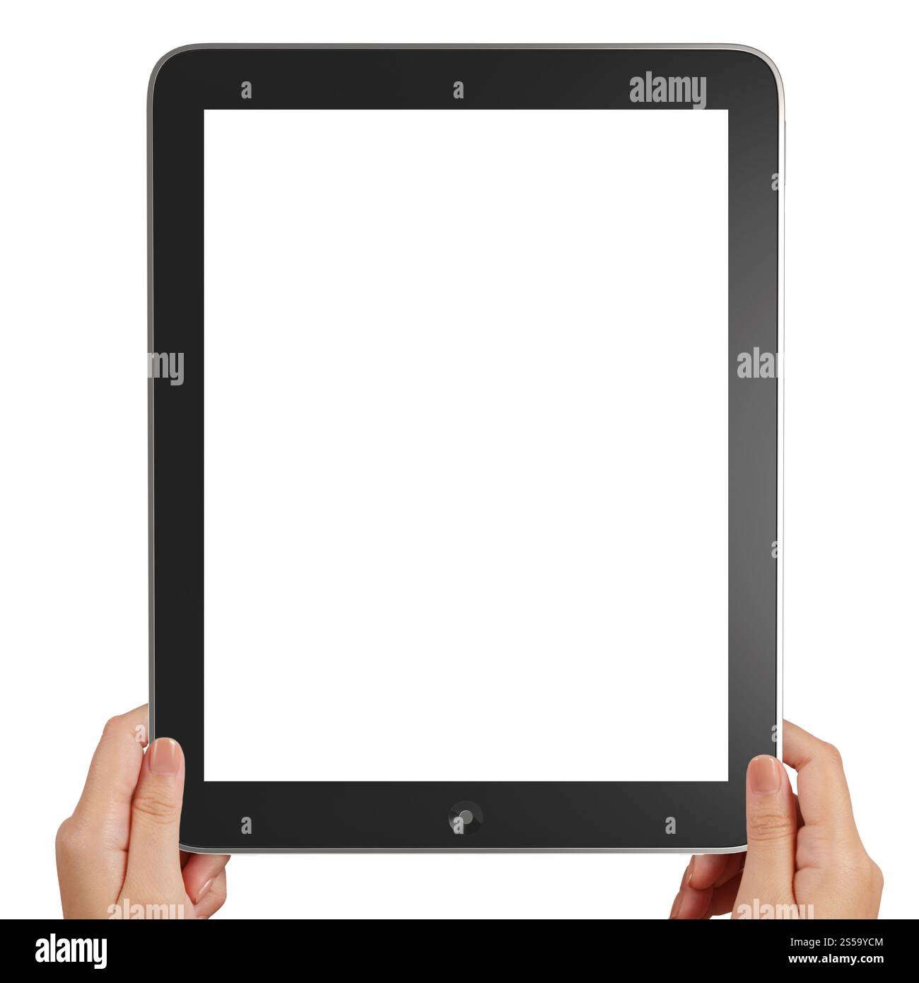 Female hands holding a tablet ordinateur tactile gadget sur fond blanc Banque D'Images