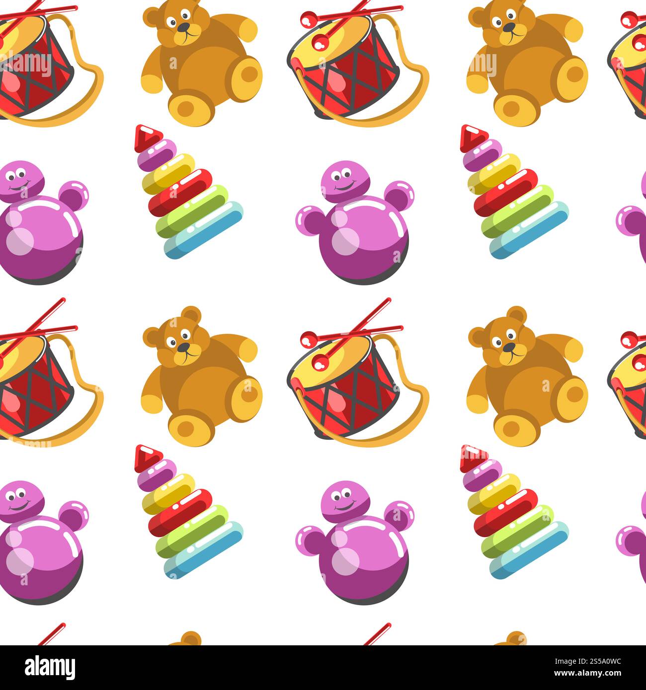 Icônes vectorielles de jouets pour enfants modèle sans couture. Jeux pour enfants ensemble pour filles et garçons de maternelle. Ours en peluche plat, pyramide et vélo, fusée, balle et train. Icônes vectorielles de jouets pour enfants modèle sans couture. Ensemble de jeux pour enfants Illustration de Vecteur