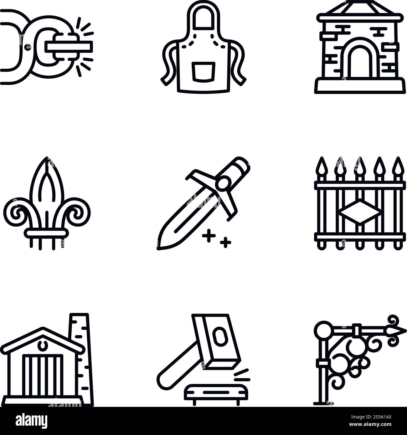 Jeu d'icônes outils forgeron. Ensemble de contours de 9 icônes vectorielles d'outils de forgeron pour la conception Web isolé sur fond blanc. Jeu d'icônes d'outils de forgeron, style de contour Illustration de Vecteur