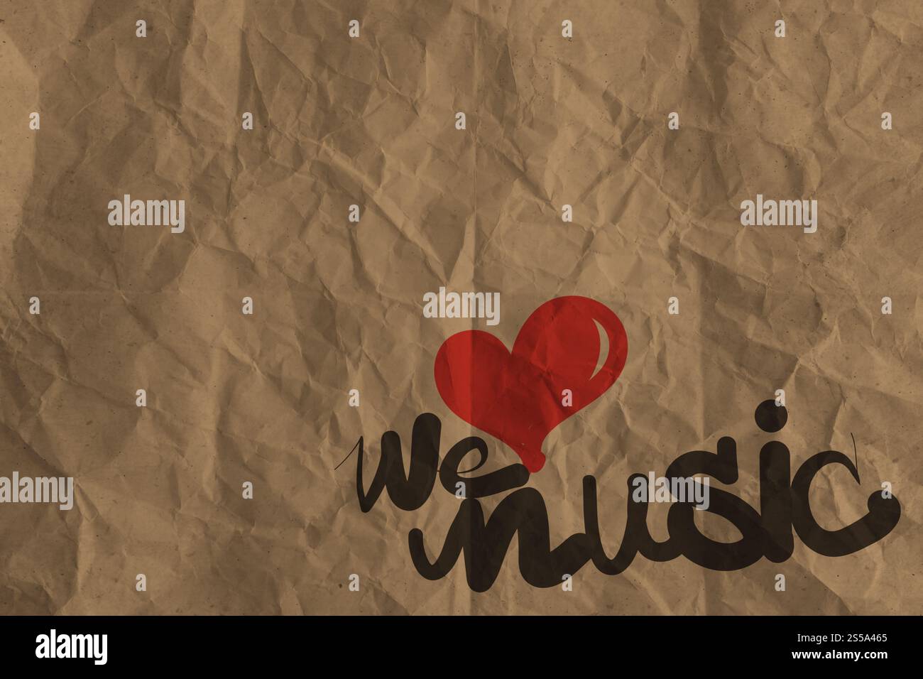 On aime la musique de phrase à la main sur fond de papier recyclé froissé Banque D'Images