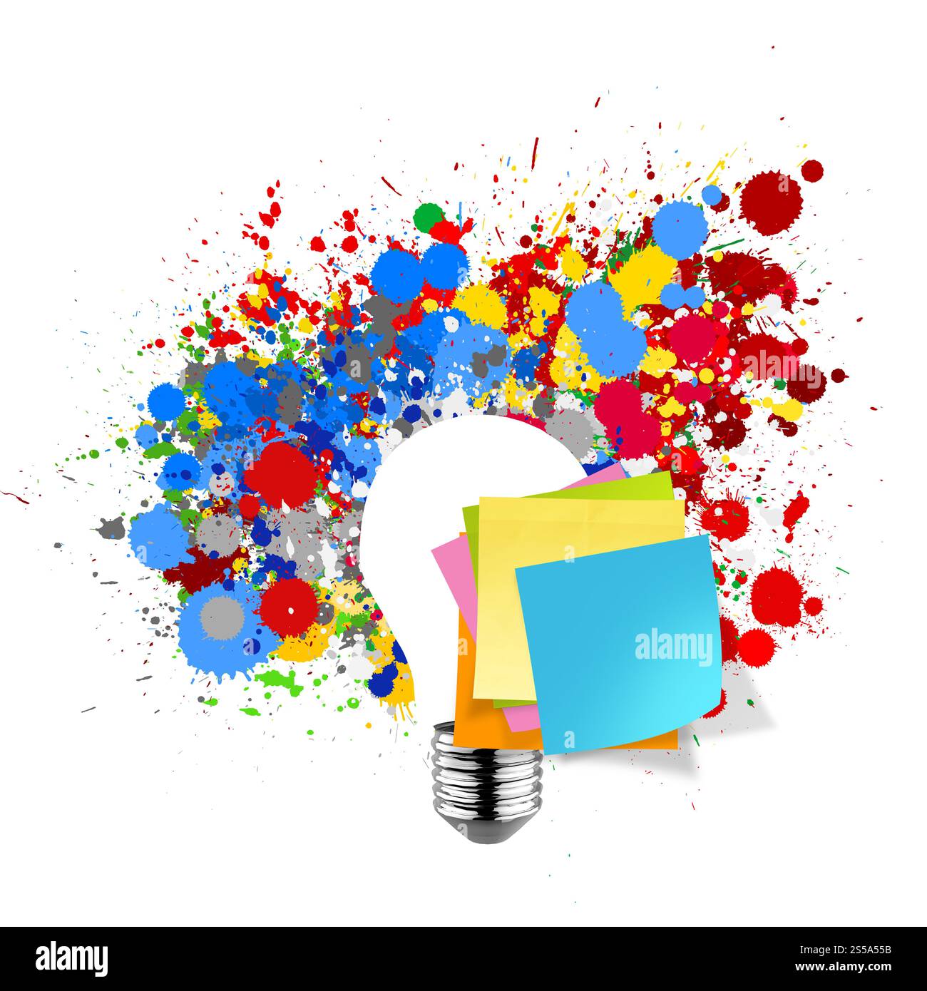 Sticky note vierge avec splash ampoule couleurs sur fond blanc comme concept Banque D'Images Sticky note vierge avec splash ampoule couleurs sur fond blanc comme concept Banque D'Images