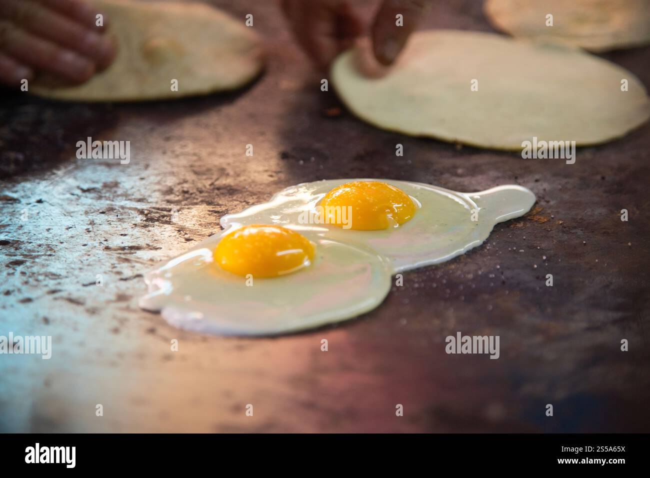 Cuisson de memelas au marché d'Oaxaca Central de Abastos avec fromage local, porc séché, œufs et sauce piquante. Banque D'Images