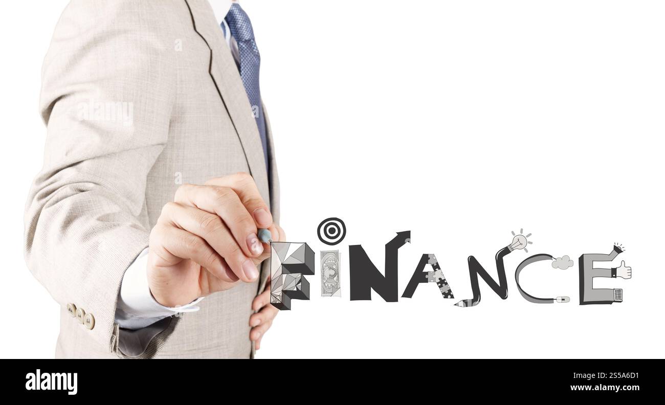Businessman hand drawing concept finance comme mot de conception Banque D'Images