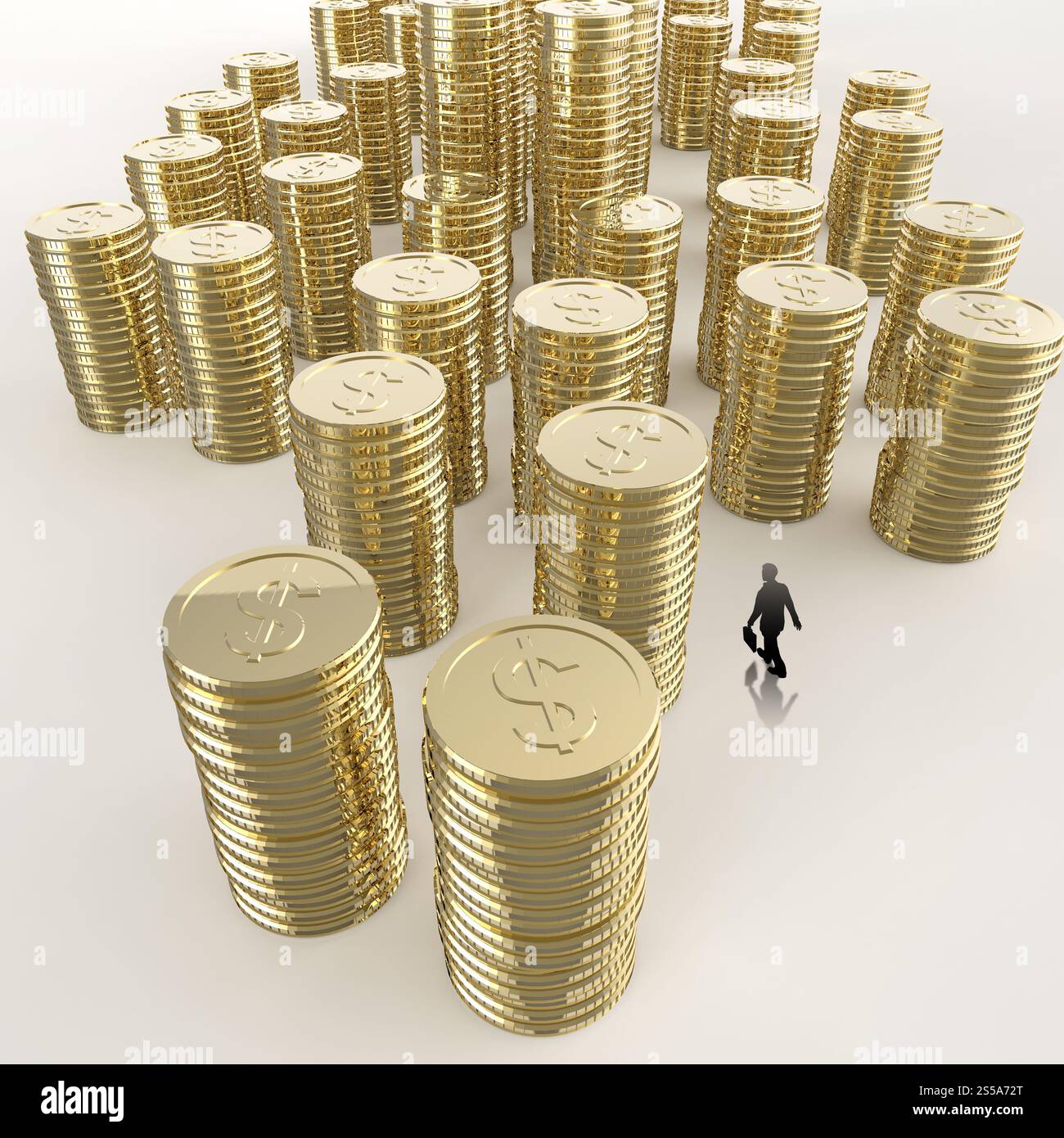 Businessman looking at pile de pièces d'or signe dollar 3d comme concept Banque D'Images