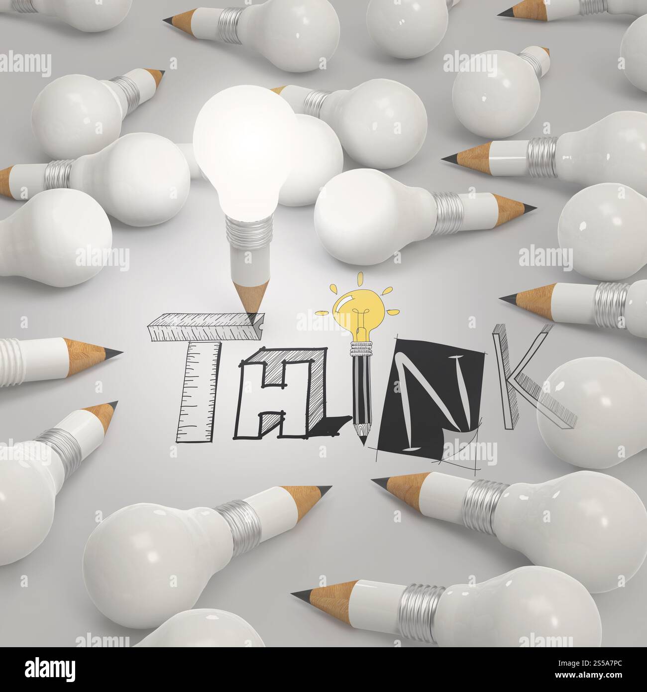 Ampoule crayon et la conception 3D comme mot et concept Banque D'Images