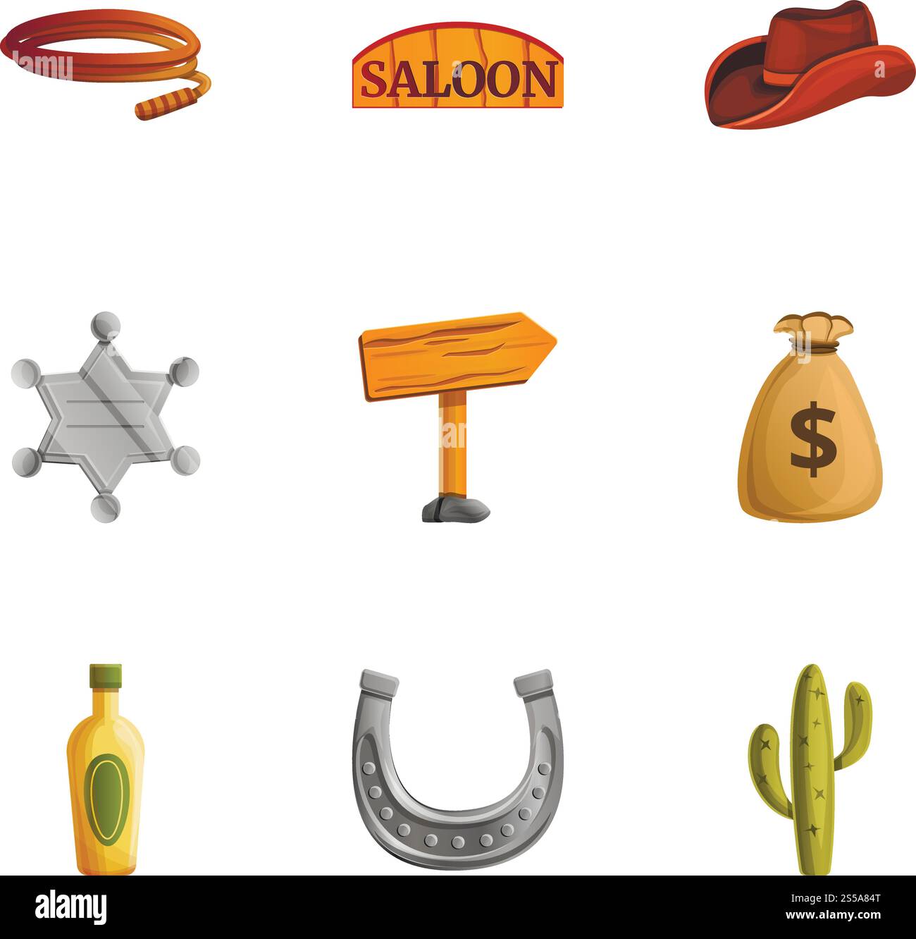 Jeu d'icônes outils Cowboy. Ensemble de dessins animés de 9 icônes vectorielles d'outils de cow-boy pour la conception Web isolé sur fond blanc. Jeu d'icônes d'outils de cowboy, style de dessin animé Illustration de Vecteur