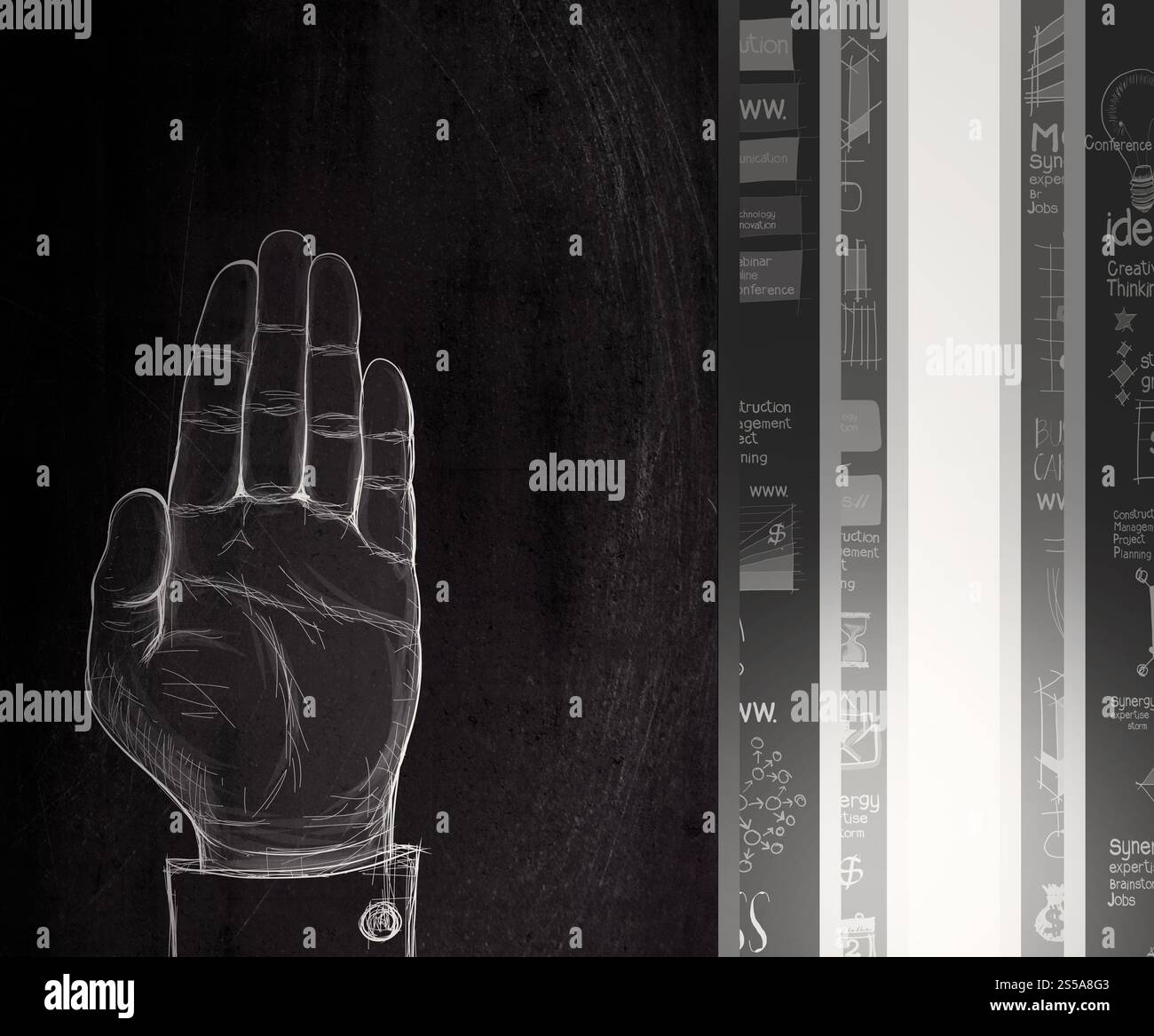 Tirer la main posée sur le mur sombre signe comme concept Banque D'Images