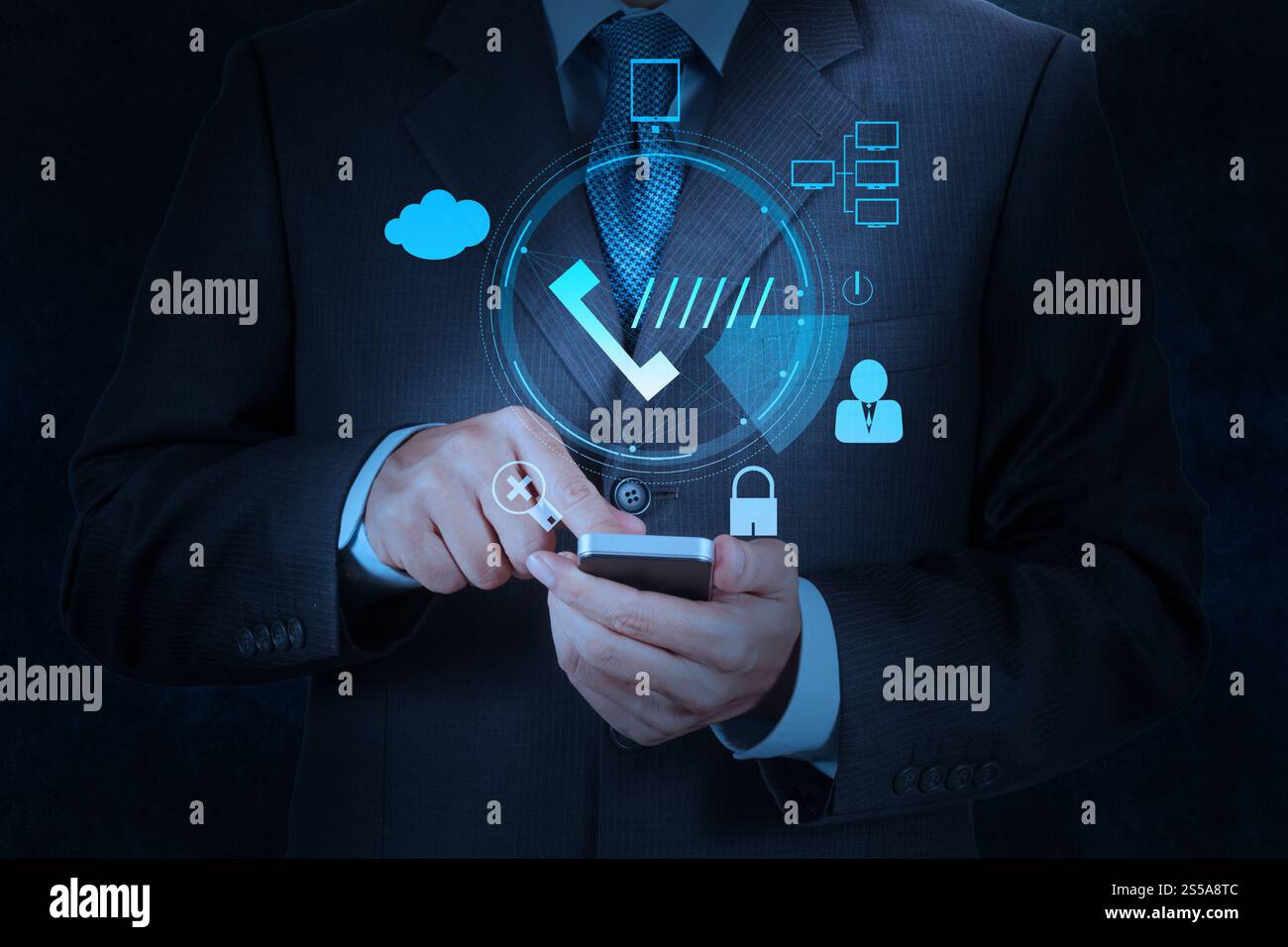 Businessman hand en utilisant le téléphone tactile tablette ordinateur concept comme gadget Banque D'Images