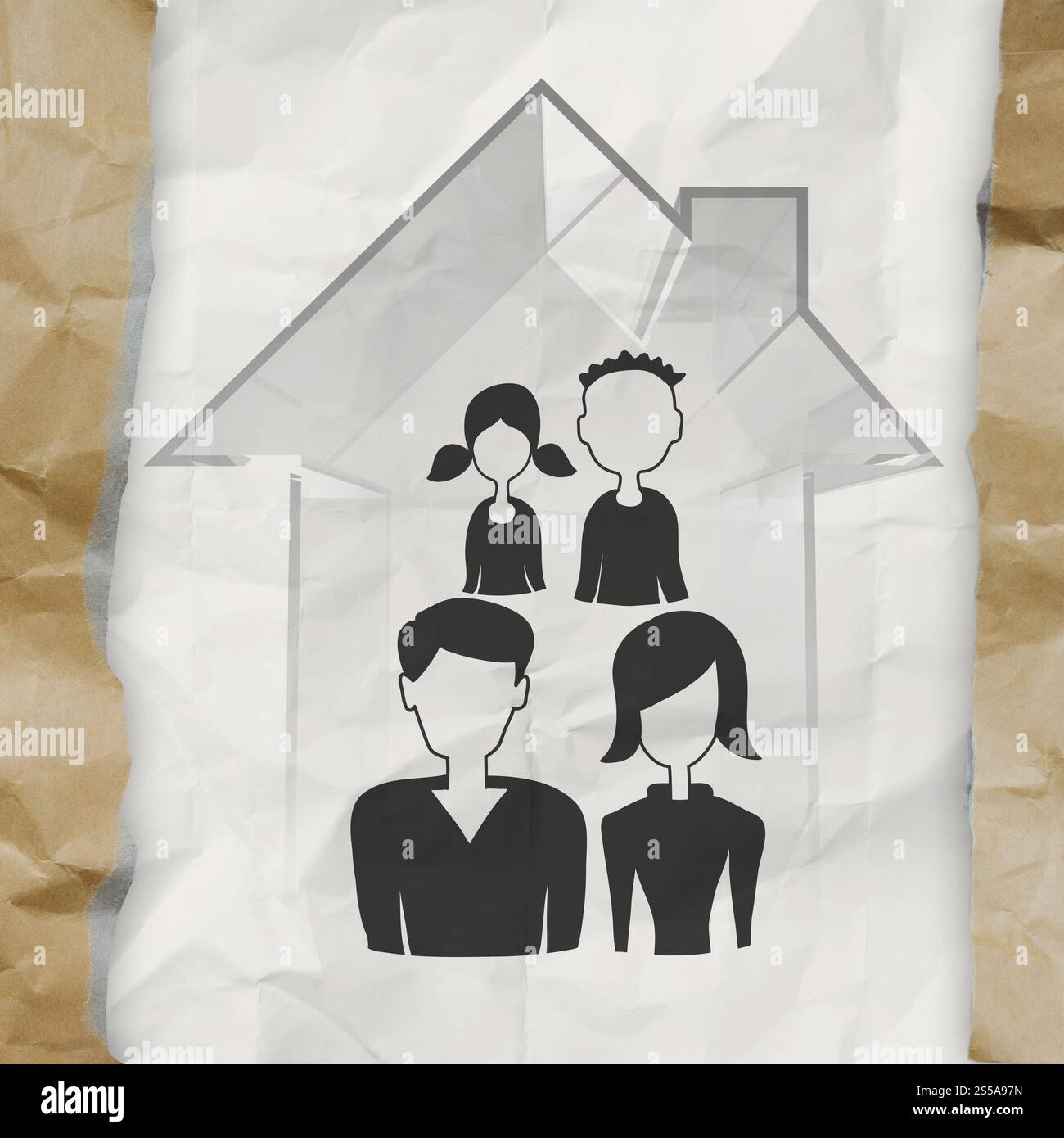 Maison en 3d dessinés à la main, avec l'icône de la famille sur fond de papier froissé comme concept d'assurance Banque D'Images