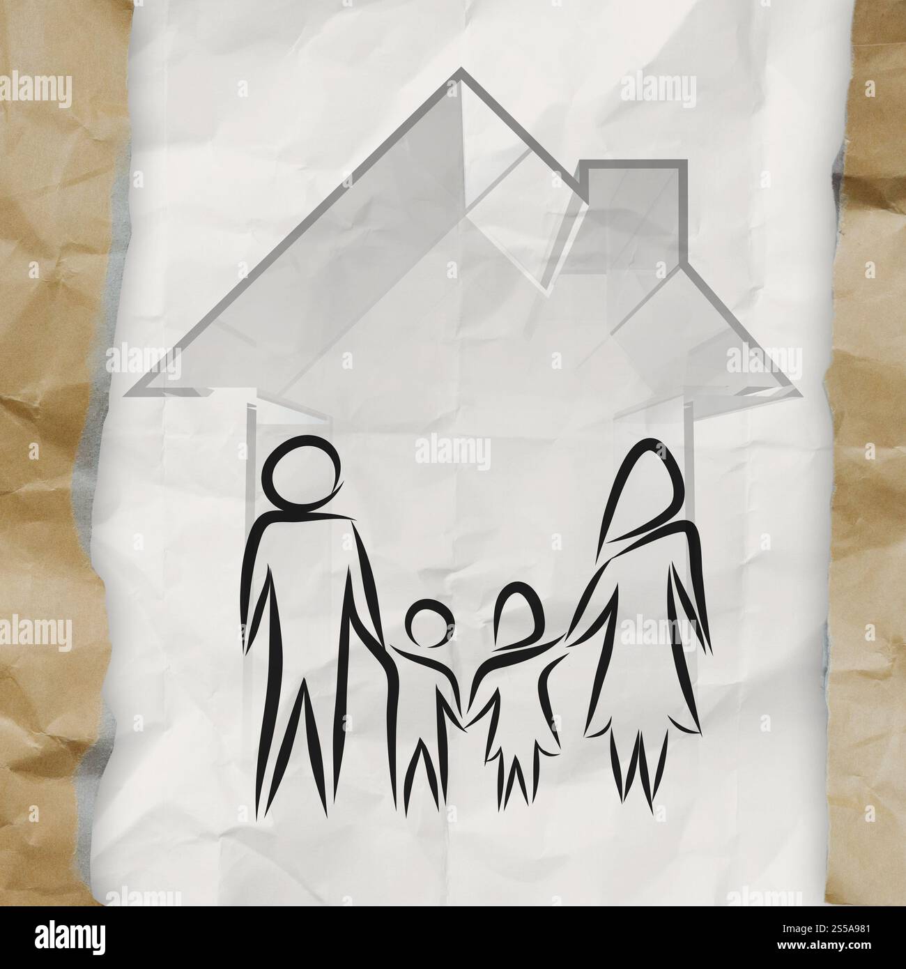 Maison en 3d dessinés à la main, avec l'icône de la famille sur fond de papier froissé comme concept d'assurance Banque D'Images