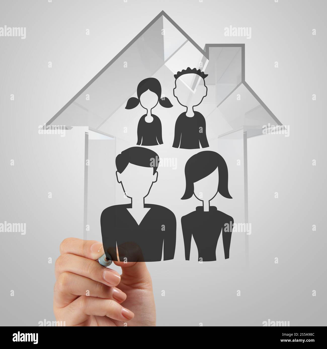 Dessin à la main maison en 3d avec l'icône de la famille en tant que concept d'assurance Banque D'Images