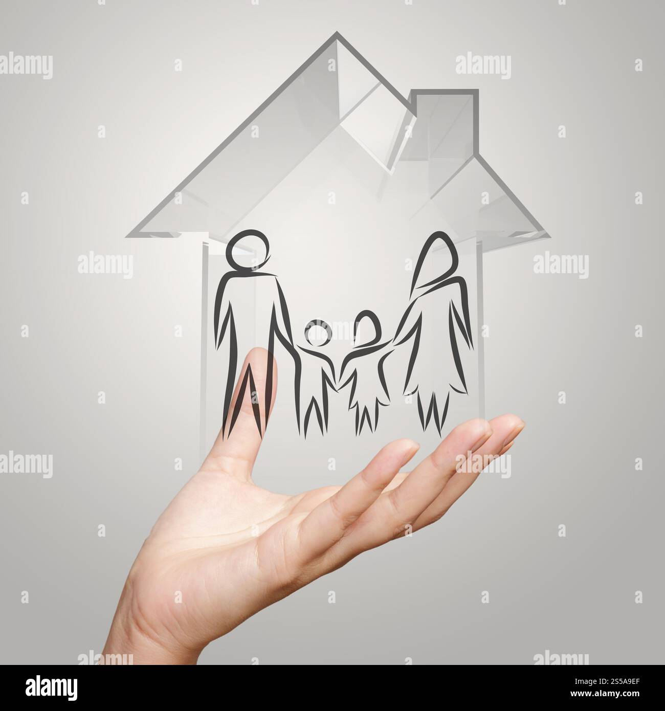 Main tenant maison en 3d avec l'icône de la famille en tant que concept d'assurance Banque D'Images