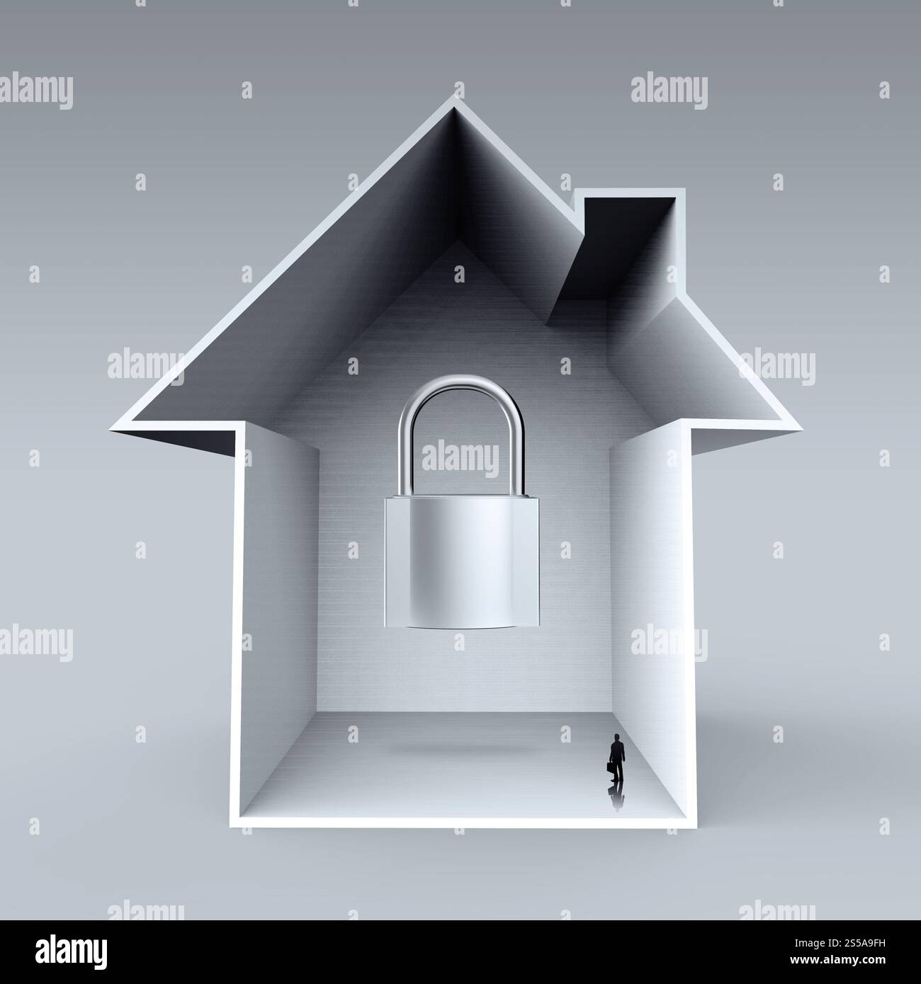 homme d'affaires regardant la maison 3d avec l'icône de cadenas comme concept d'assurance Banque D'Images