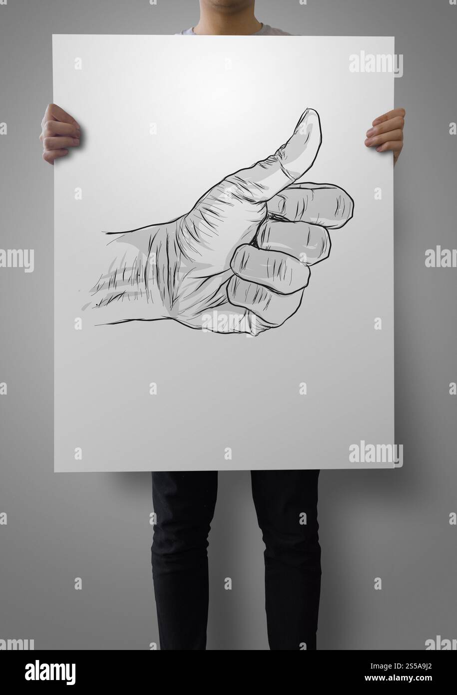 Poster montrant l'homme de main à la main en donnant un coup de pouce comme concept Banque D'Images