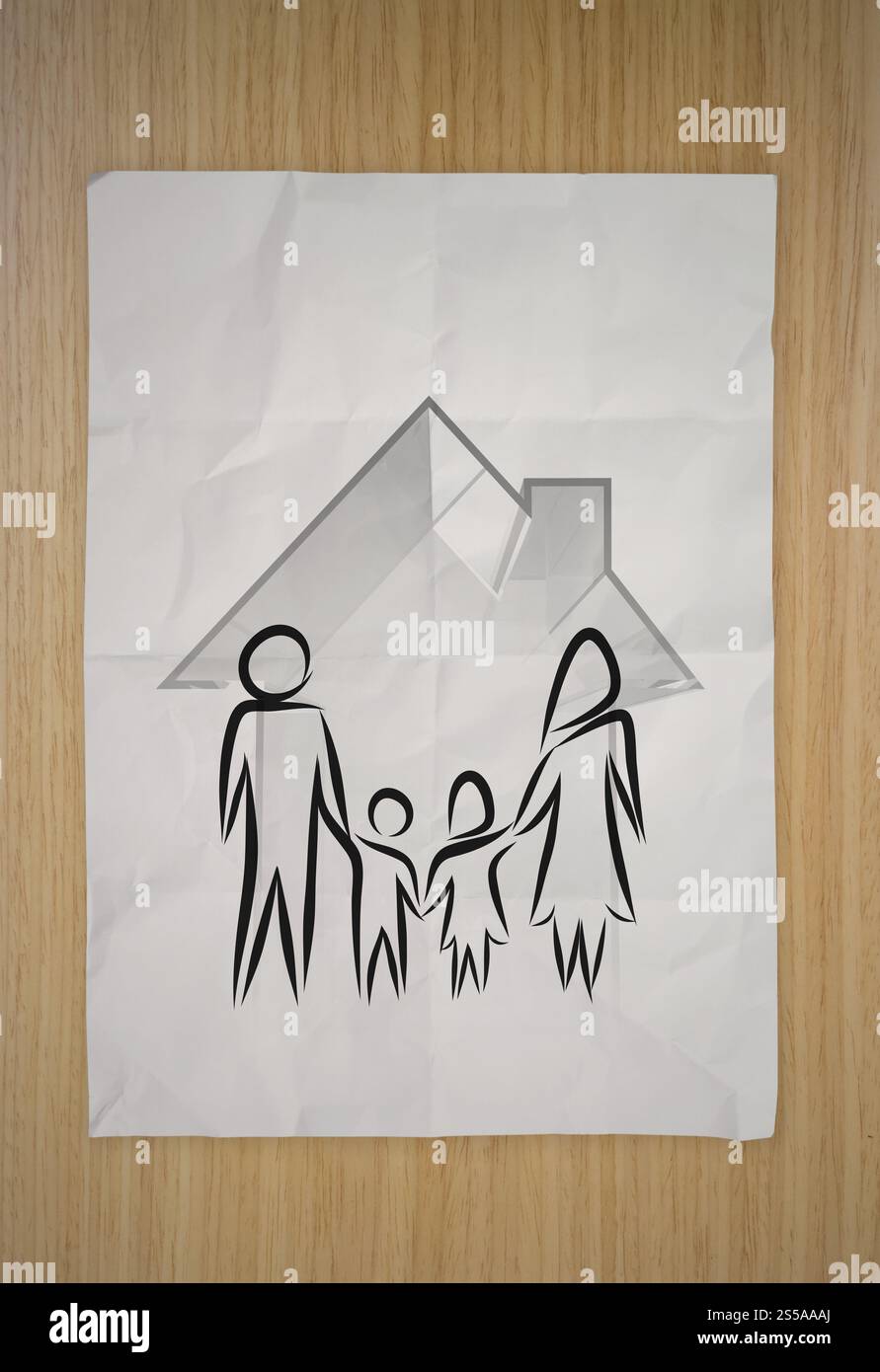 La main de maison en 3d avec l'icône de la famille en tant que concept d'assurance Banque D'Images