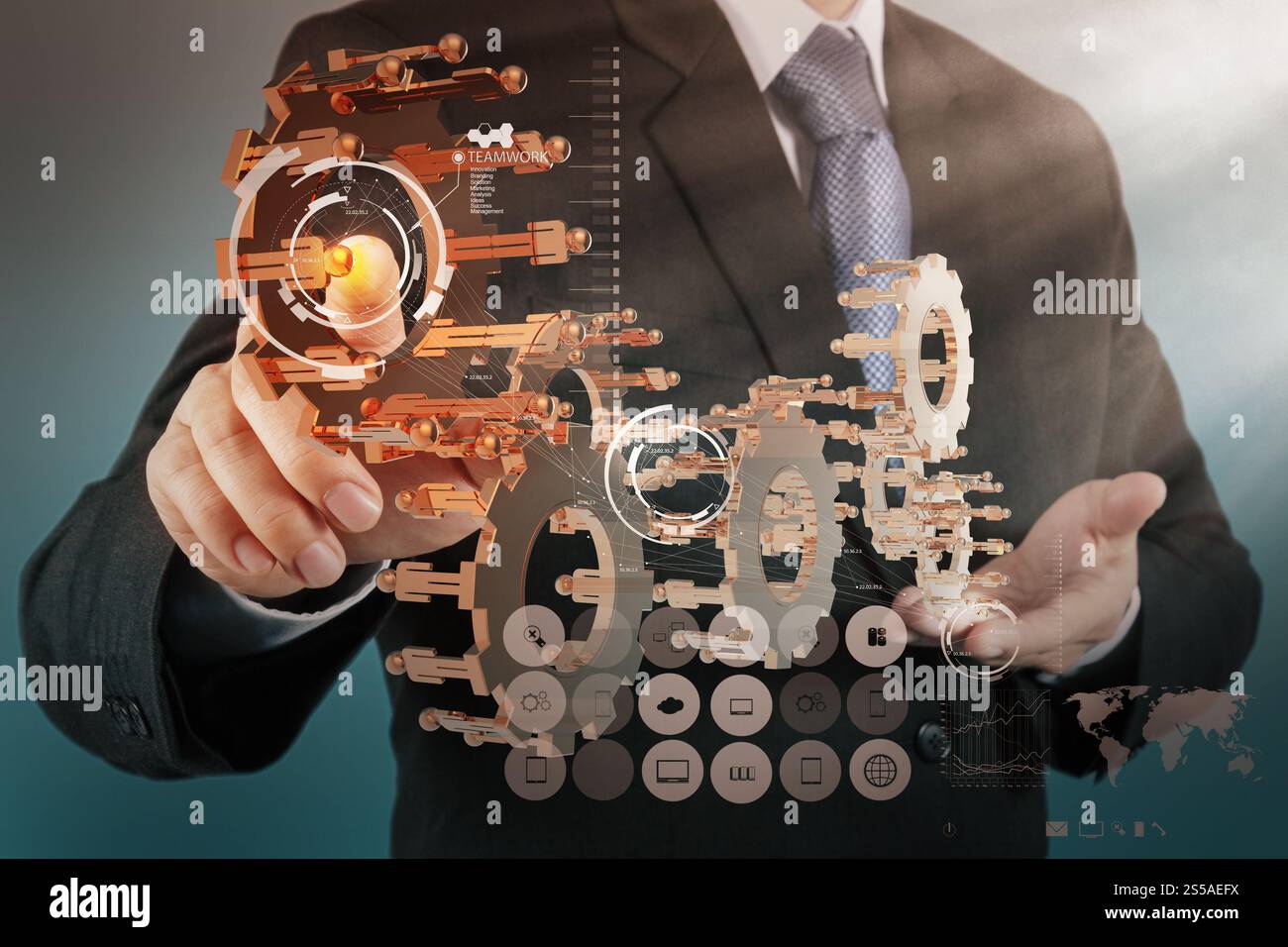 Businessman part travailler avec nouvel ordinateur interface afficher vitesse à succès comme concept d'équipe Banque D'Images