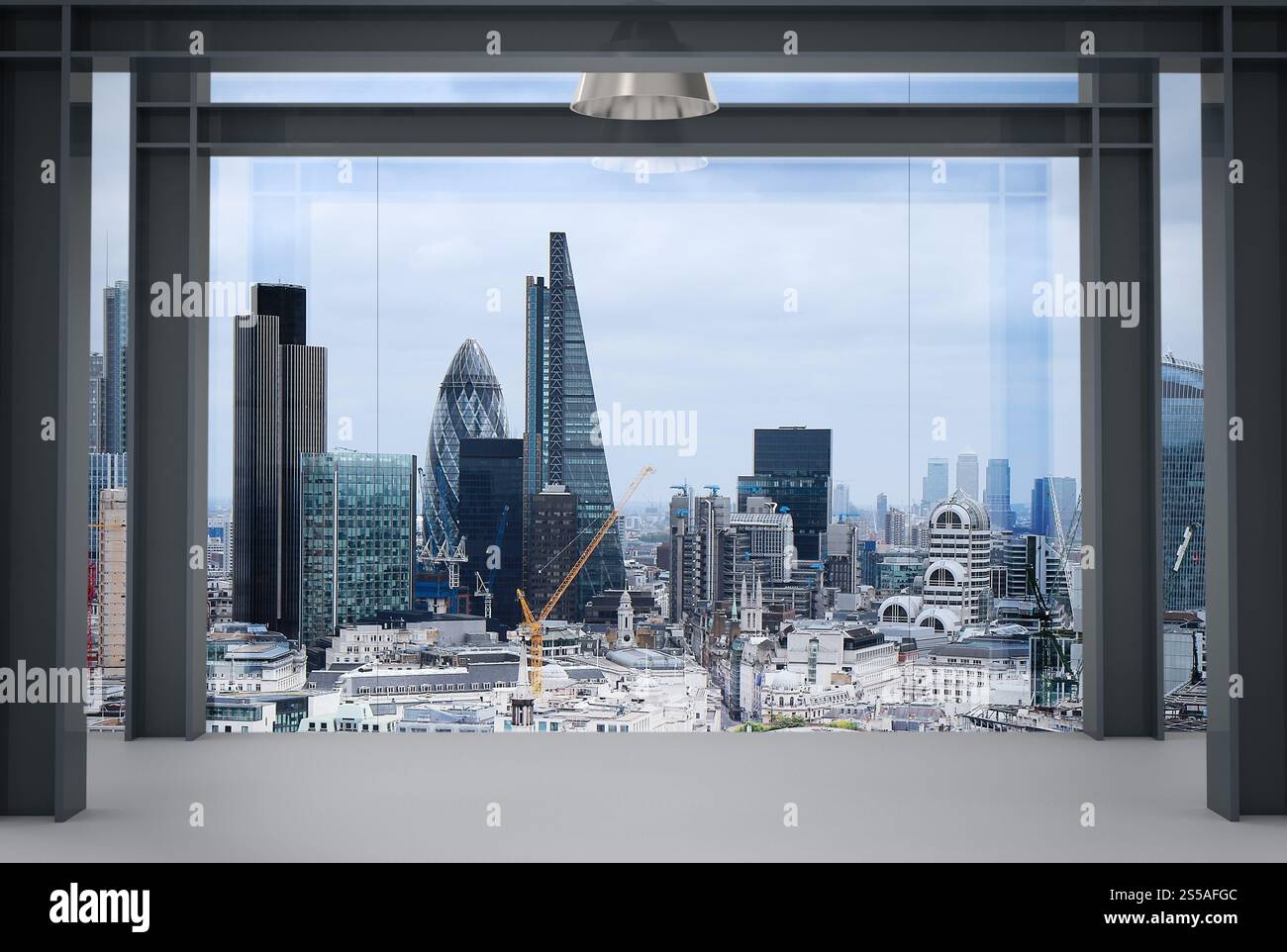 L'espace intérieur de l'intérieur bureau vide moderne avec arrière-plan de la ville de Londres Banque D'Images