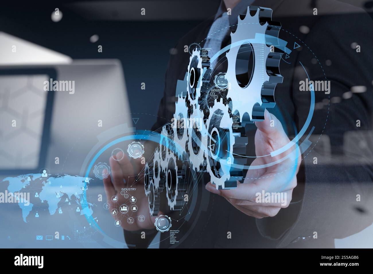 Double exposition de businessman part travailler avec coggear à succès comme concept Banque D'Images