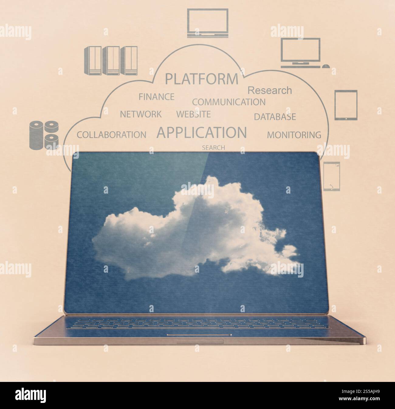 Cloud computing structure 3D en tant que concept vintage Banque D'Images