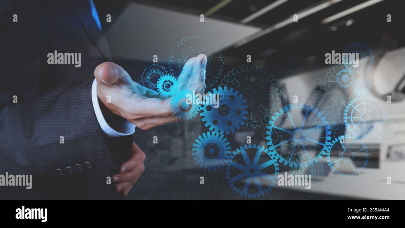 Double exposition de businessman part travailler avec succès à pignon crémaillère comme concept Banque D'Images