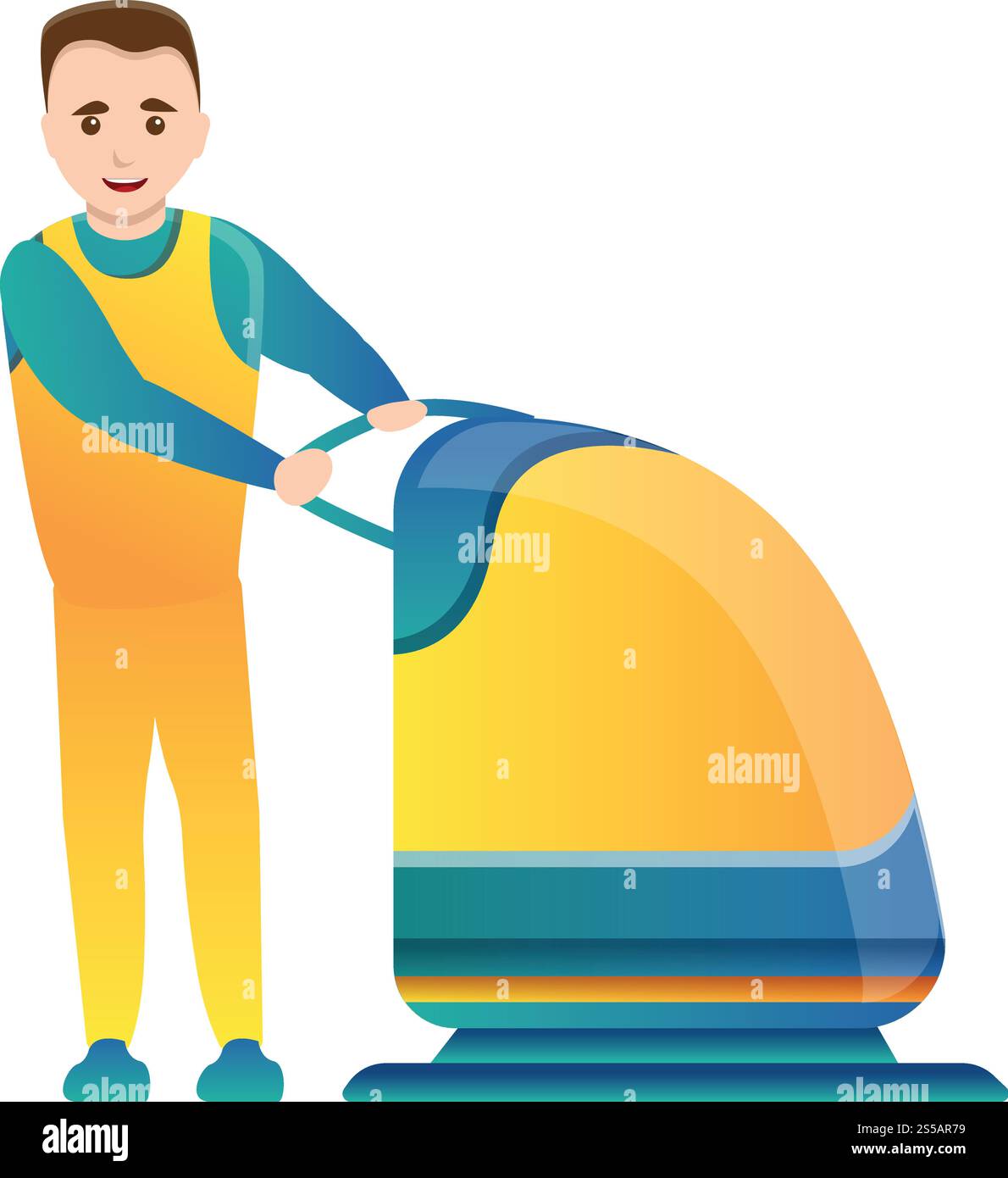 Icône de l'appareil de nettoyage des sols. Dessin animé de l'homme utilise l'icône vectorielle de dispositif de nettoyage de sol pour la conception de Web isolé sur fond blanc. L'homme utilise l'icône du dispositif de nettoyage de sol, style de dessin animé Illustration de Vecteur