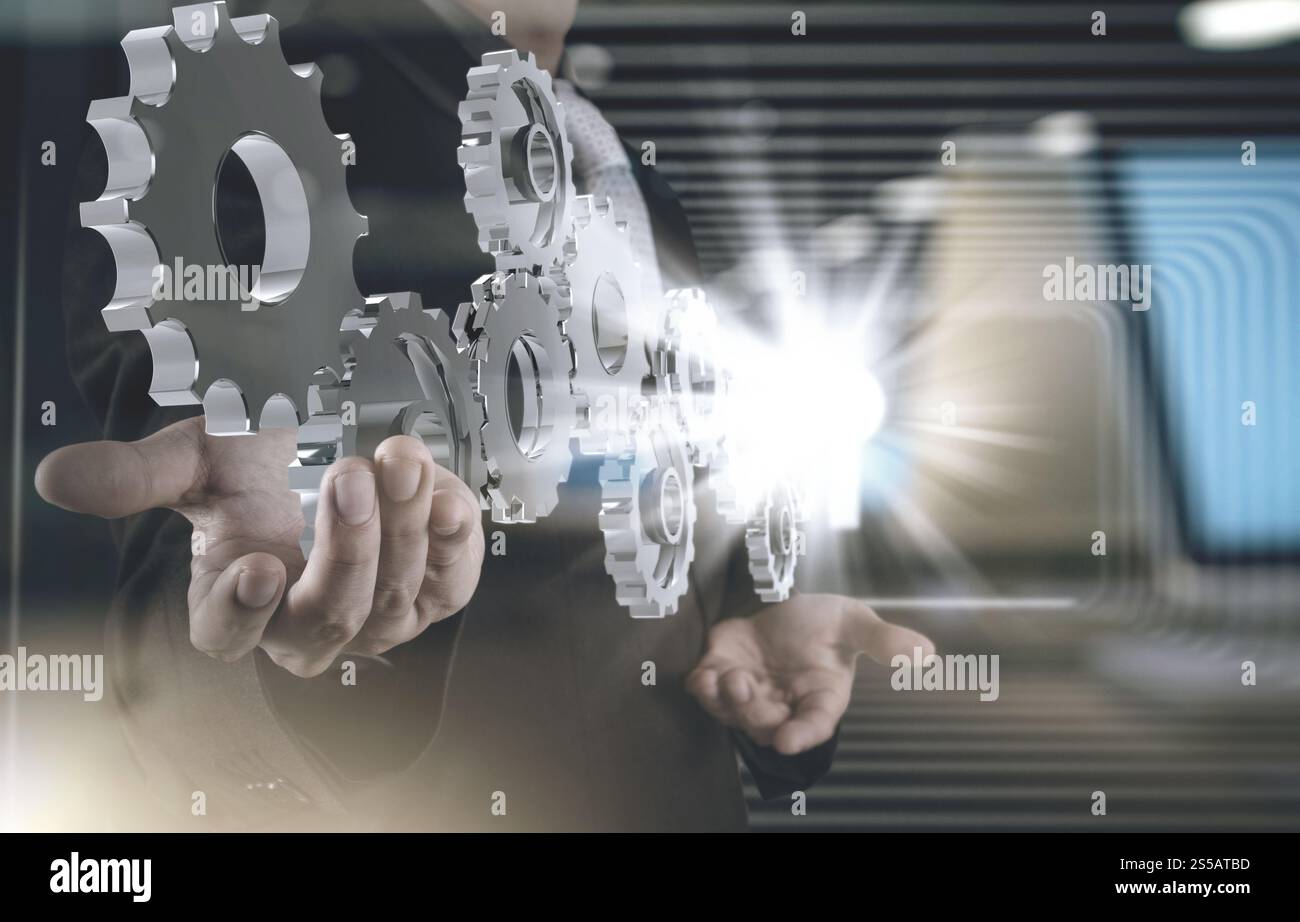 Double exposition de l'homme d'affaires travaillant avec la lumière bleue au succès en tant que concept Banque D'Images