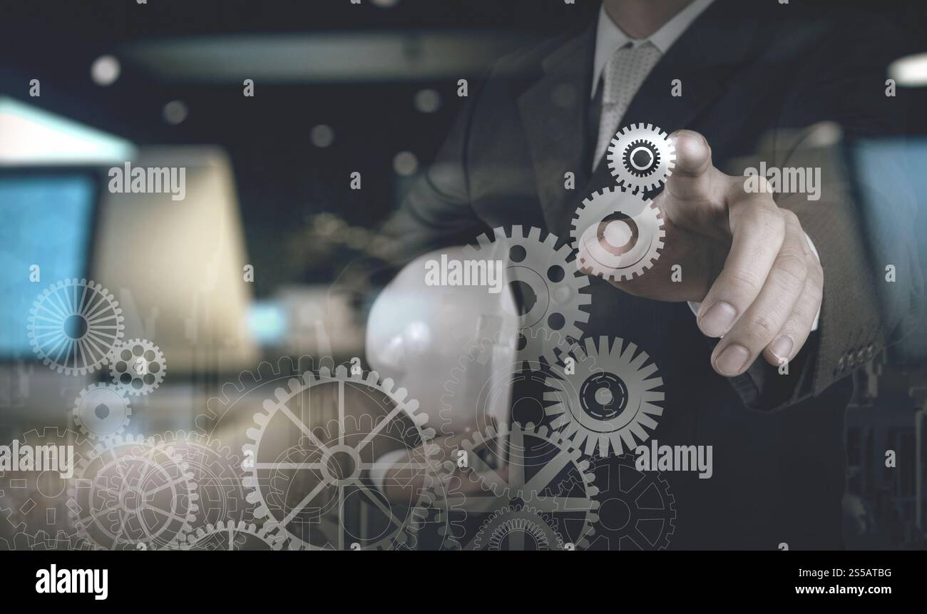 Double exposition de l'homme d'affaires travaillant avec la lumière bleue au succès en tant que concept Banque D'Images