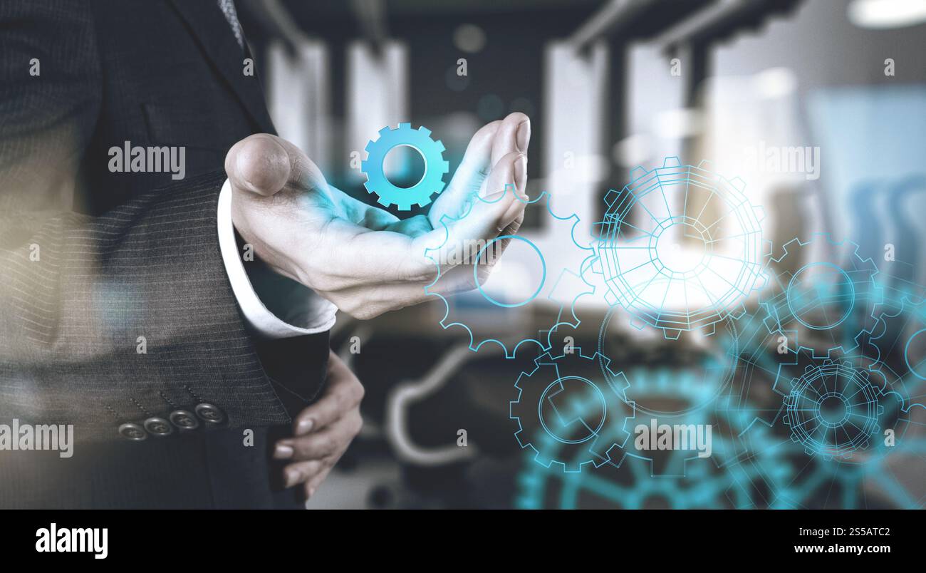 Double exposition de l'homme d'affaires travaillant avec la lumière bleue au succès en tant que concept Banque D'Images