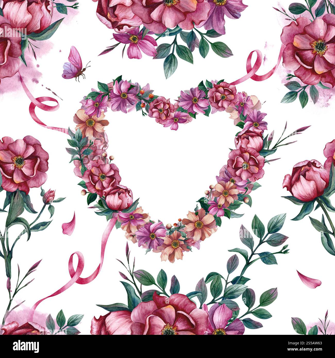 Modèle sans couture avec couronne de fleurs en forme de coeur, ruban et papillon. Illustration aquarelle. Image dessinée à la main isolée du dos Banque D'Images