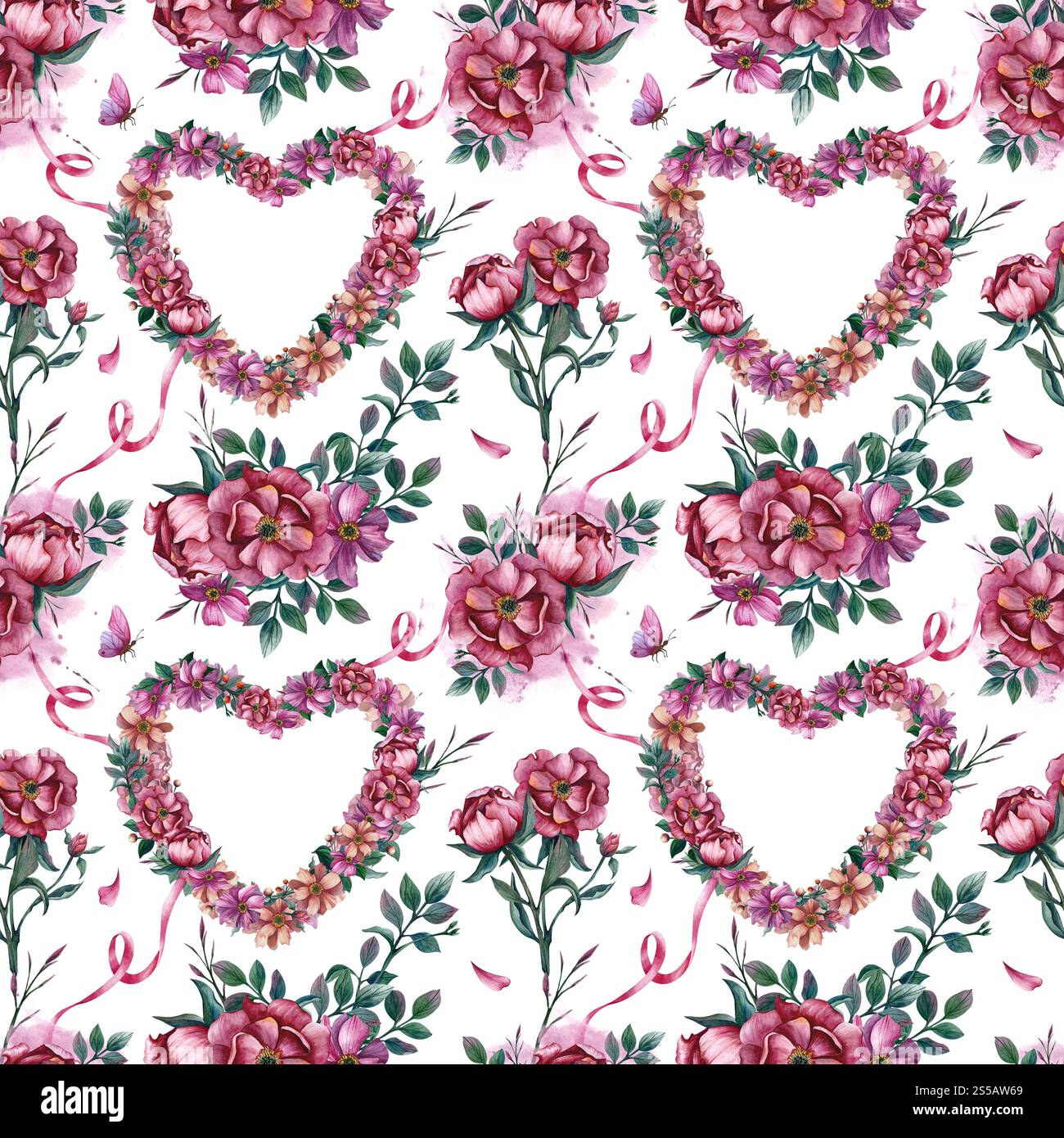 Modèle sans couture avec couronne florale en forme de coeur, ruban rose et papillon. Illustration aquarelle isolée de l'arrière-plan. Cœur de Banque D'Images