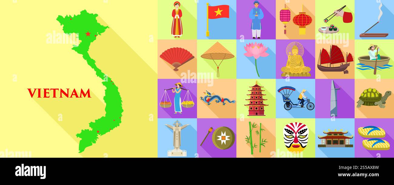 Icônes Vietnam définies. Ensemble plat d'icônes vectorielles vietnam pour la conception de sites Web. Icônes du Vietnam définies, style plat Illustration de Vecteur