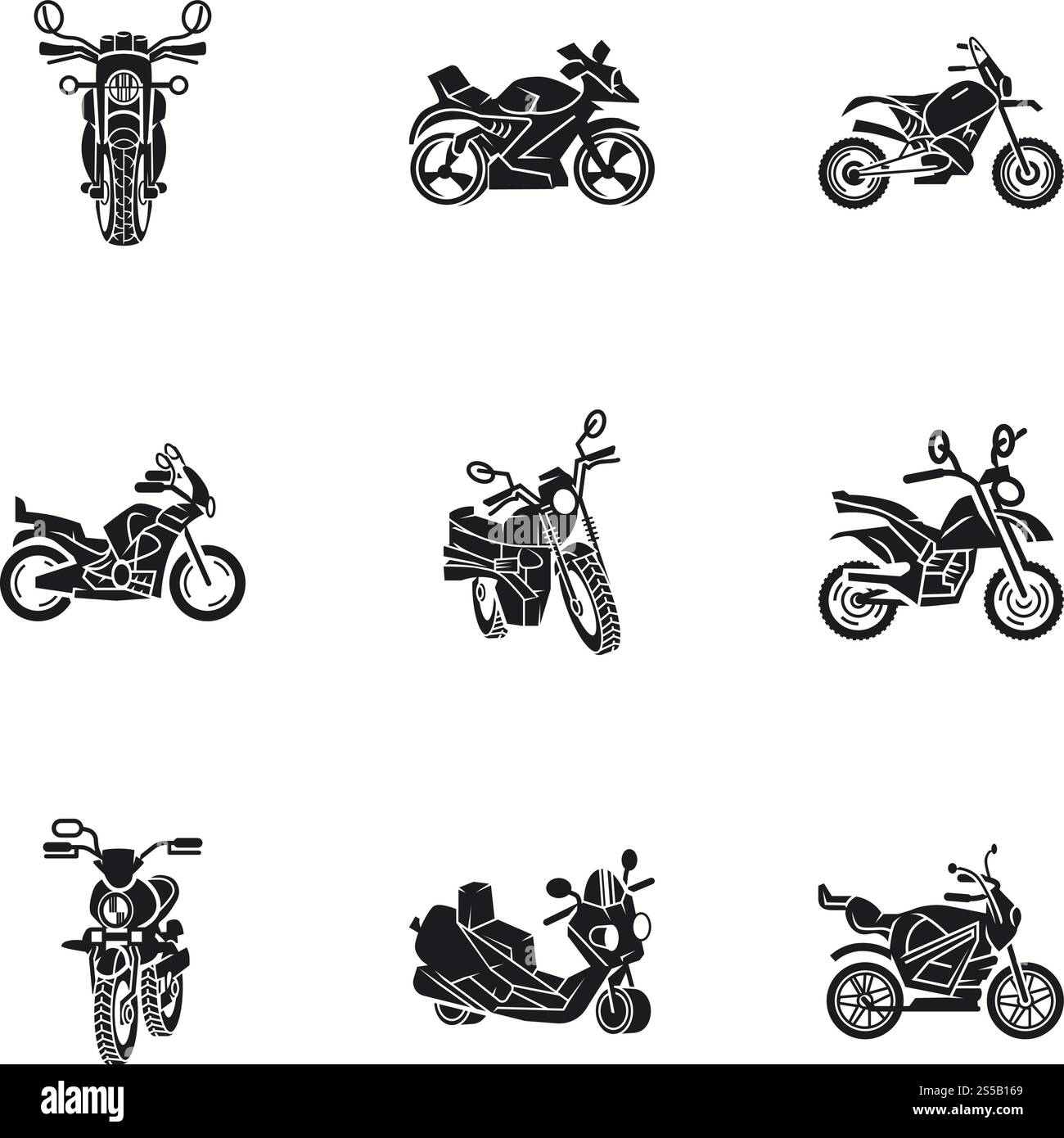 Jeu d'icônes de moto. Ensemble simple de 9 icônes vectorielles de moto pour la conception Web isolé sur fond blanc. Ensemble d'icônes de moto, style simple Illustration de Vecteur