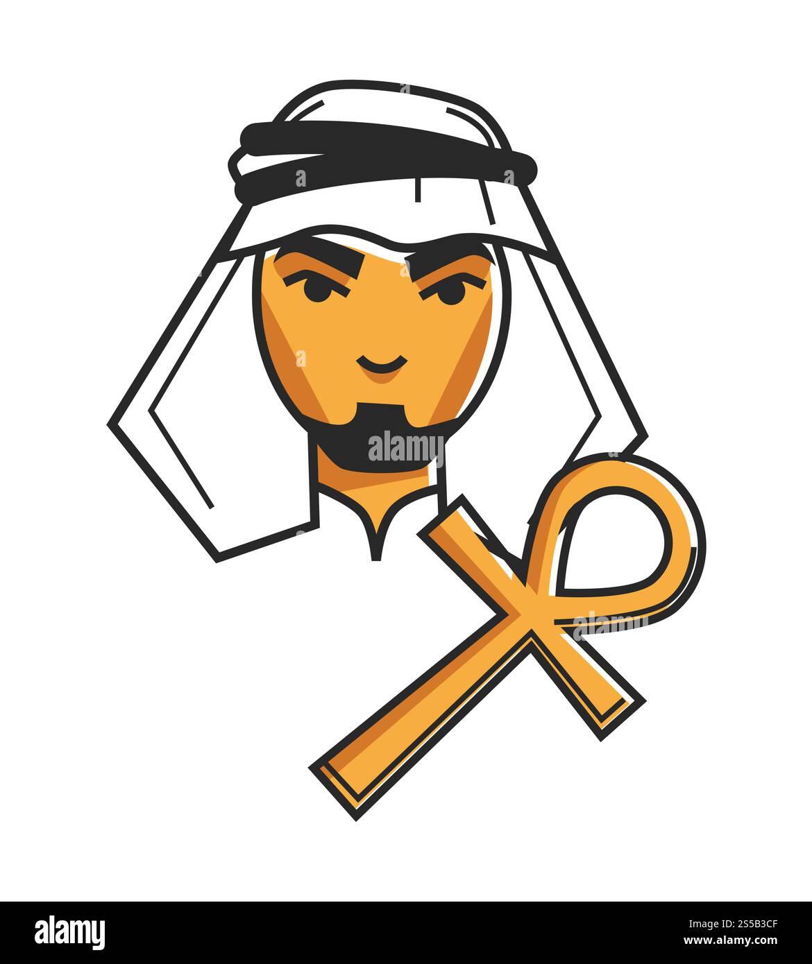bédouin égyptien en vêtements traditionnels et croix copte dorée. Homme arabe dans la coiffe nationale et ancien symbole religieux de métal précieux isolé illustration vectorielle de dessin animé sur fond blanc.. bédouin égyptien en vêtements traditionnels et croix copte dorée Illustration de Vecteur