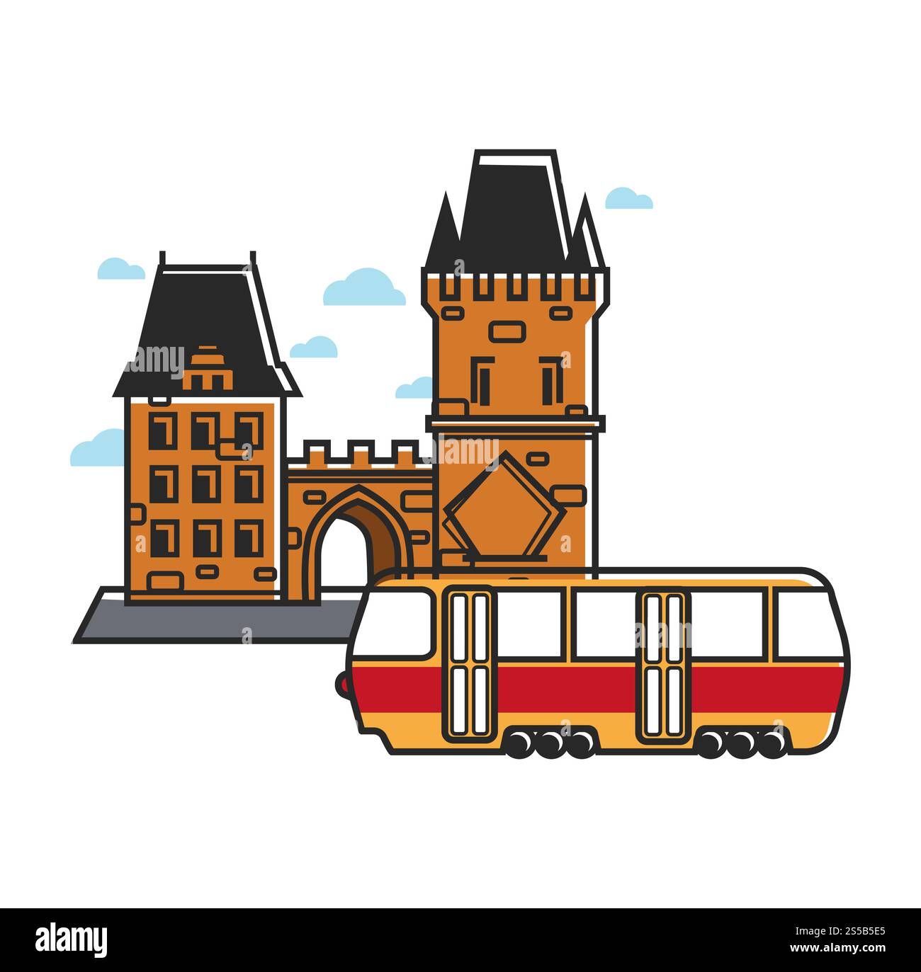Architecture médiévale en briques jaunes et tramway rétro. Bâtiment historique de style européen avec des tours et des transports publics électriques illustration vectorielle plate de dessin animé isolé sur fond blanc.. Architecture médiévale en briques jaunes et tramway rétro Illustration de Vecteur