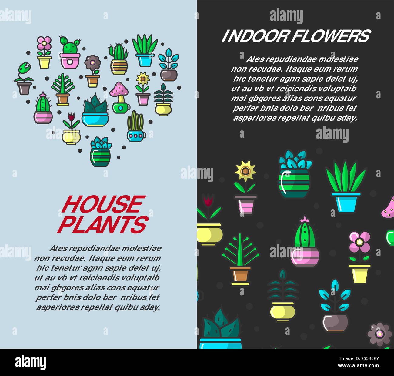 Plantes d'intérieur et fleurs d'intérieur affiches verticales promotionnelles. Décorations vertes d'intérieur naturelles avec des feuilles et des fleurs dans des pots brillants brillants sur des illustrations vectorielles de bande dessinée de bannières avec un exemple de texte.. Plantes d'intérieur et fleurs d'intérieur affiches verticales promotionnelles Illustration de Vecteur