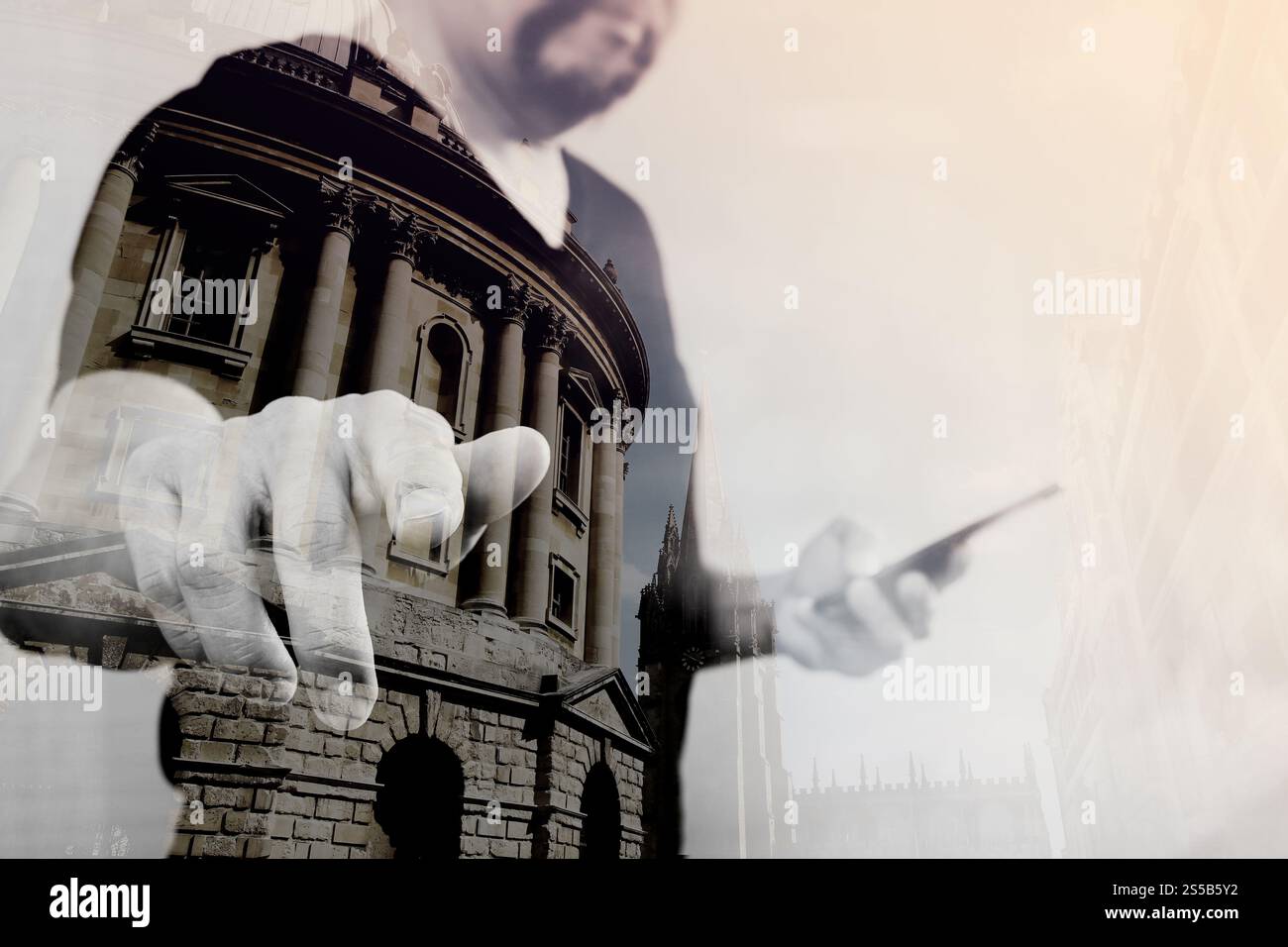 Double exposition de la main d'homme d'affaires appuyant sur un bouton imaginaire, tenant le téléphone intelligent, graphique d'écran numérique vierge virtuel, architecture de Londres Banque D'Images